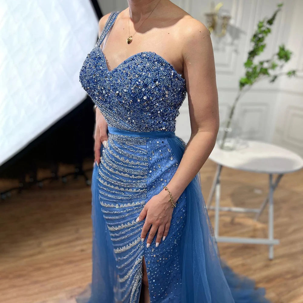 Elegant Blue One Shoulder Mermaid Evening Dress with Beaded Detail and Overskirt for Women - Perfect for Prom, Wedding, and Formal Parties