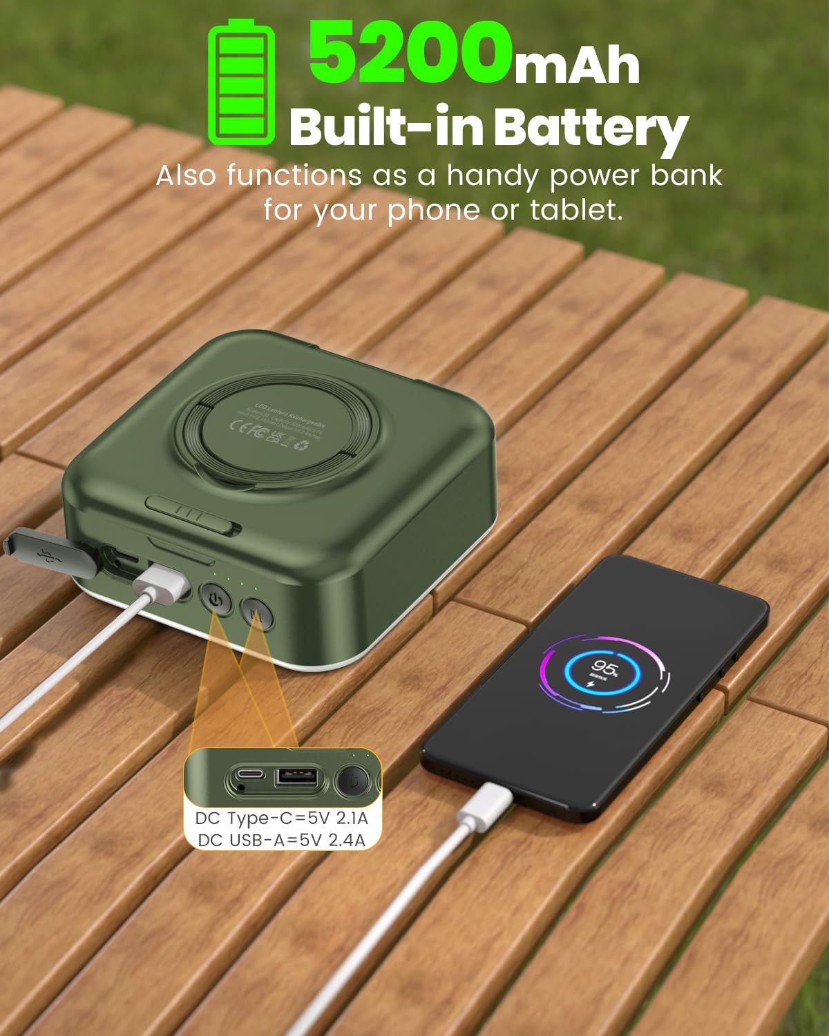Solar Camping Lantern - 1000LM Collapsible LED Light with 5200mAh Battery, 5 Modes & IPX4 Waterproof - USB/Solar Rechargeable for Hiking, Emergency, Backpacking & Outdoor Adventures (Green)