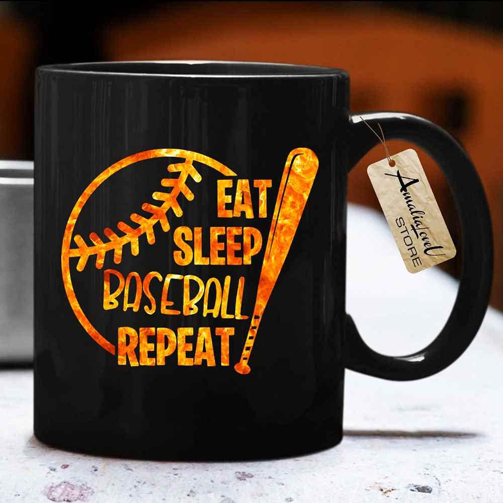 Baseball Coffee Mug - Eat Sleep Baseball Repeat - 11oz Black Ceramic Cup for Baseball Players & Fans - Perfect Gift for Baseball Lovers, Dad, Husband - Great for Home, Office & Game Day Use