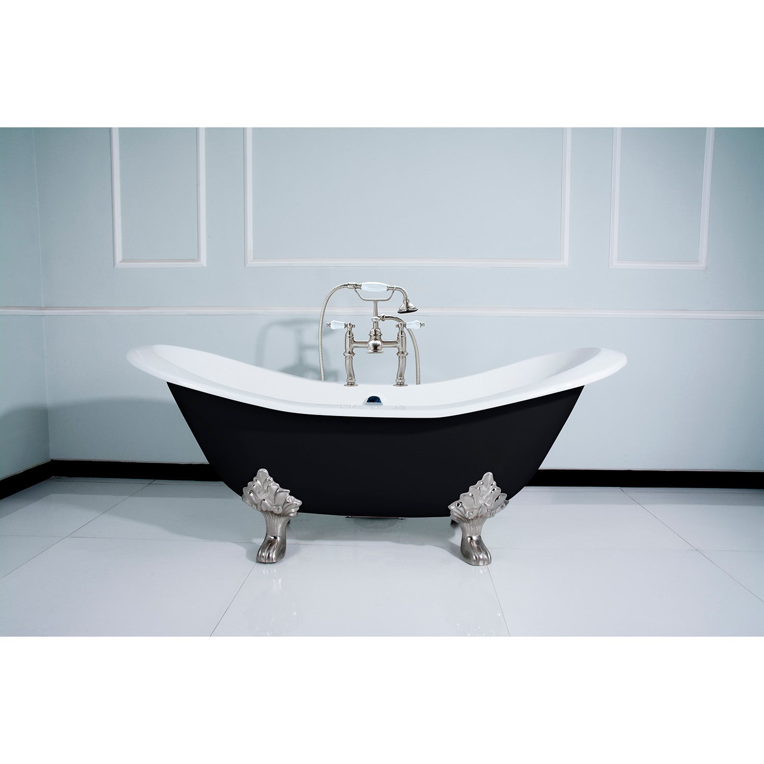 72 Inch Cast Iron Oval Double Slipper Clawfoot Bathtub - Black/White/Brushed Nickel Finish with 7 Inch Faucet Drillings | Vintage Style Freestanding Soaking Tub for Bathroom Remodel & Luxury Spa Experience