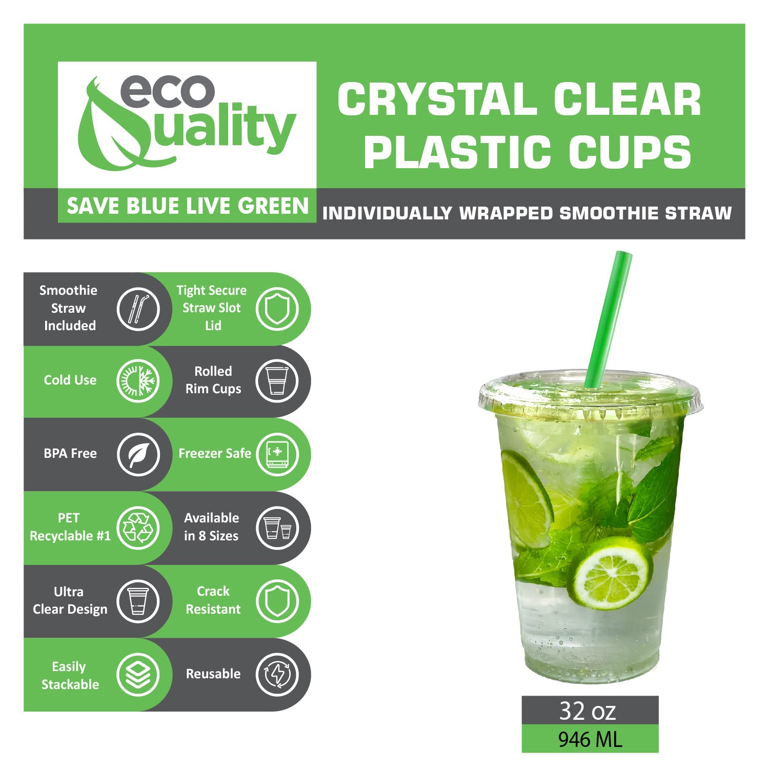 EcoQuality 32 oz Clear Plastic Disposable Cups with Lids and Straws - BPA Free PET Cups for Smoothies, Protein Shakes, Bubble Tea, Iced Coffee, Boba, Fresh Juice - Perfect for Meal Prep, Parties, Restaurants & Cafes (500 Count)