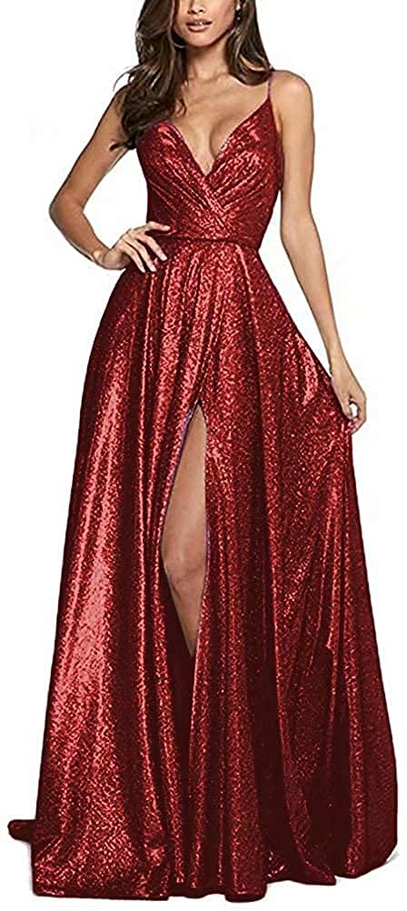Yadressy Women's Long Glitter Prom Dress - V Neck Sleeveless Ball Gown A-Line Wedding Party Dress with Slit GY11 | Perfect for Homecoming, Evening Gala, Bridesmaid & Formal Events