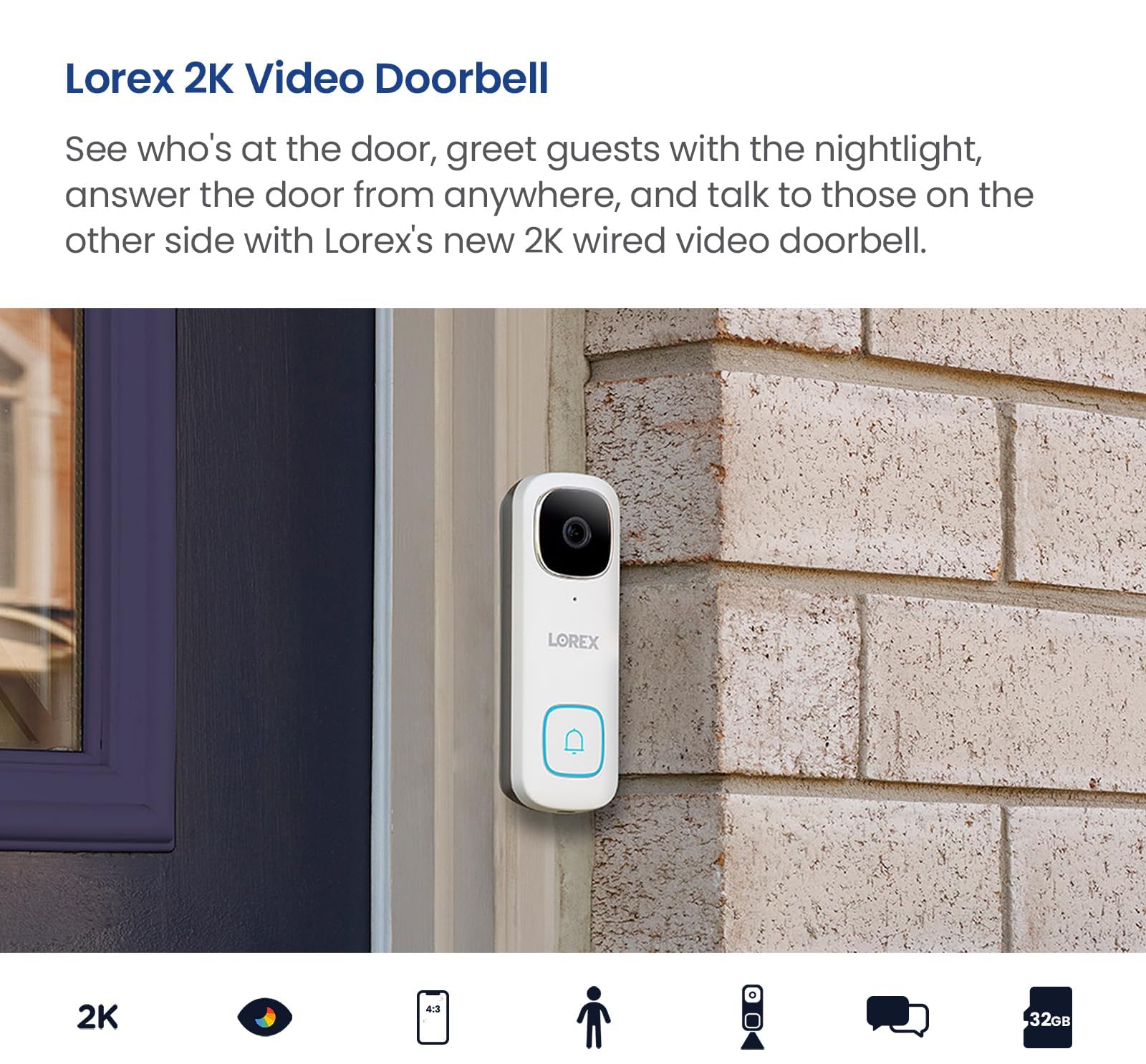 Lorex 2K HD Smart Video Doorbell Camera with WiFi - No Monthly Fees, Smart Security Lighting, Night Vision, Motion Detection, Wired Installation (White) - Perfect for Home Security & Front Door Monitoring