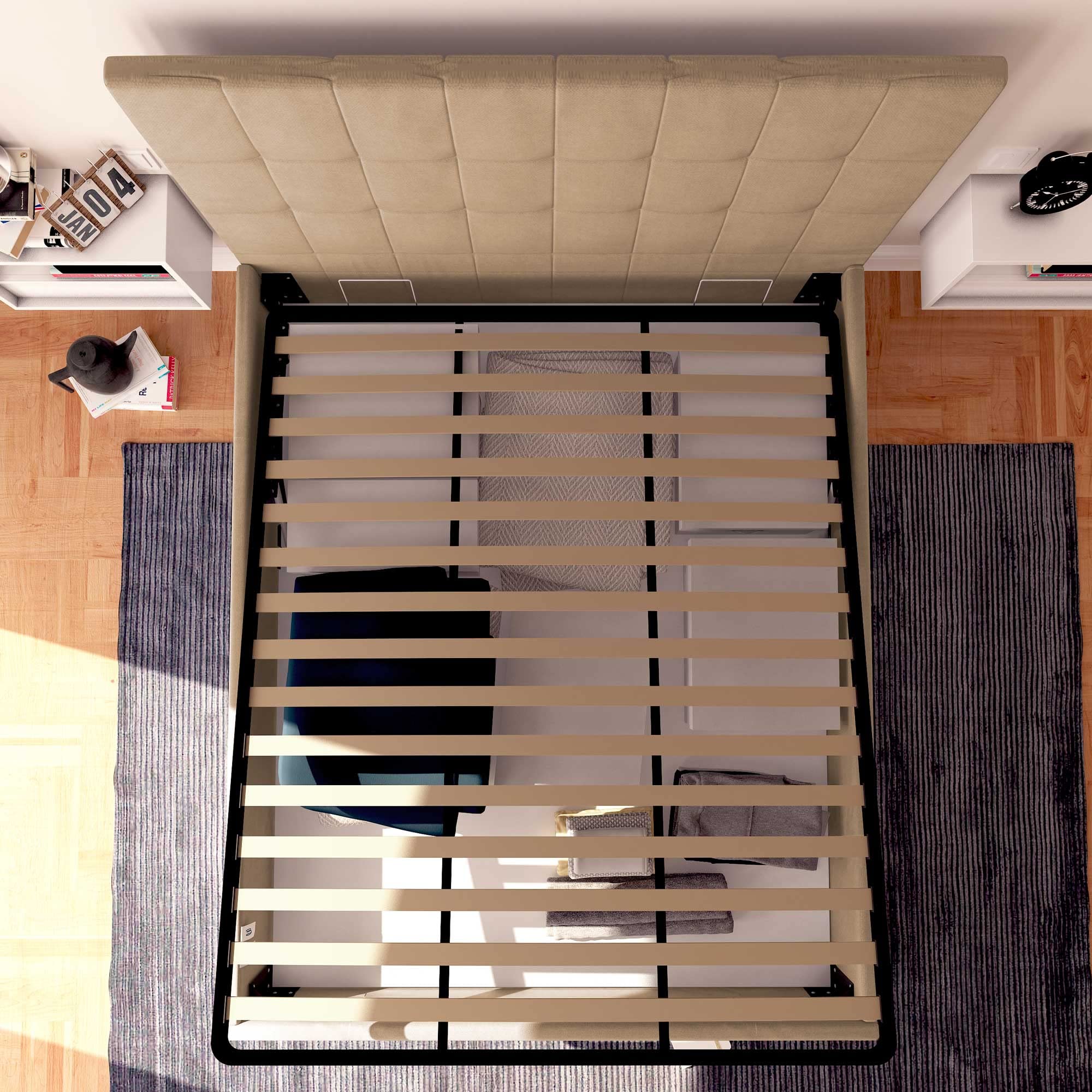 Baldiflex Single Bed Frame with Storage Drawer, Dublin Fabric Design, Slatted Base for Single Mattress, 90 x 200 cm, Elegant Headboard, Taupe Gray - Perfect for Small Bedrooms, Guest Rooms & Studio Apartments