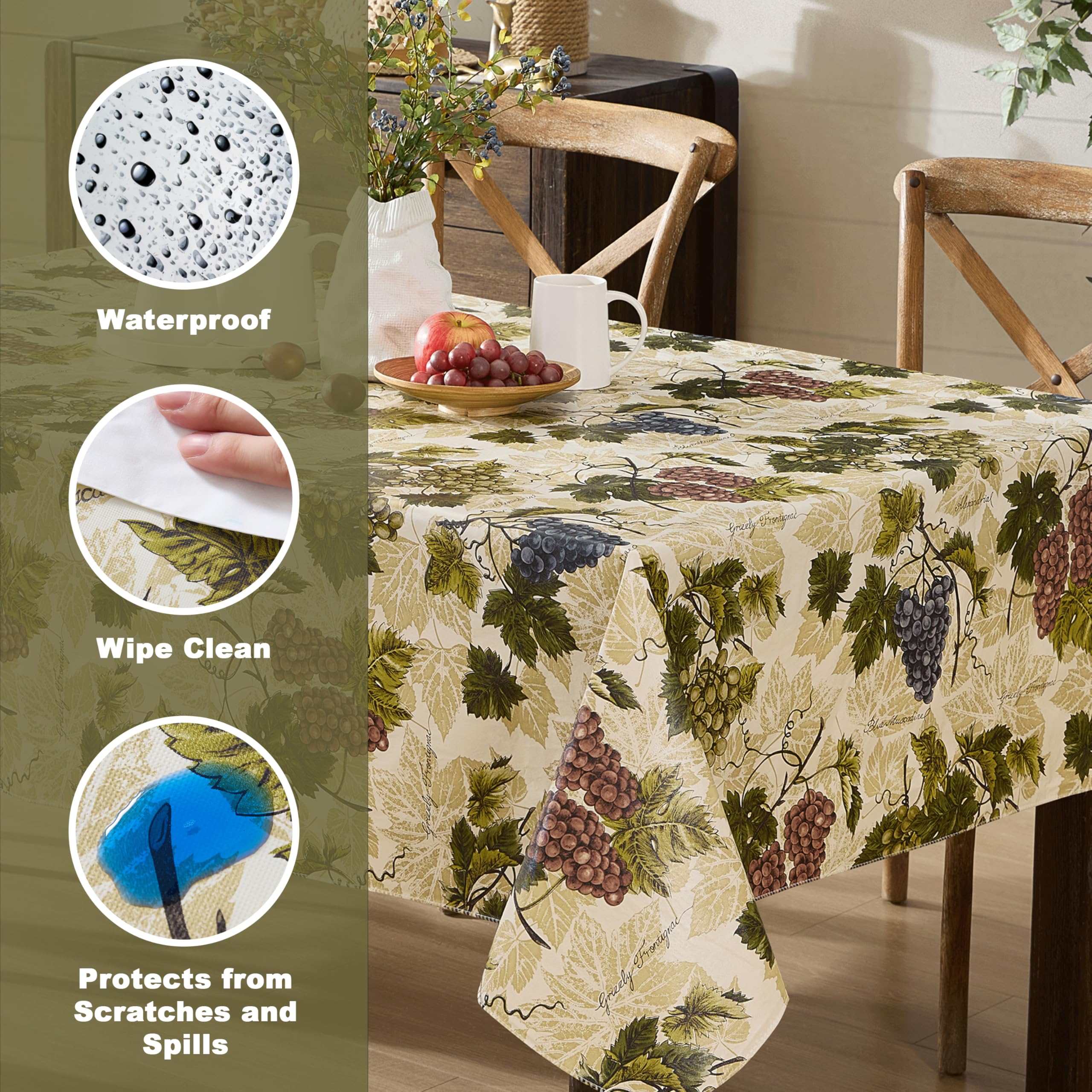 Newbridge 60 x 102 Inch Rectangle Vinyl Tablecloth - Waterproof Flannel Backing with Grapevine Print for Indoor/Outdoor Use | Perfect for Dining, Picnics, BBQs, Patio & Kitchen Decor