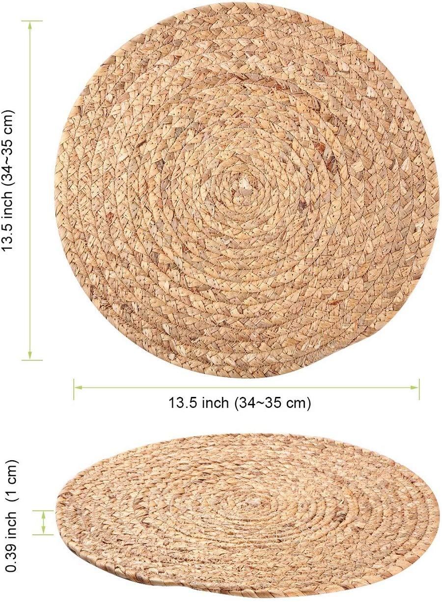 Set of 6 Natural Woven Water Hyacinth Placemats - 13.8 Inch Round Braided Rattan Table Mats, Non-Slip Farmhouse Charger Plates for Dining Table Decor, Kitchen, Party & Outdoor Picnic Use