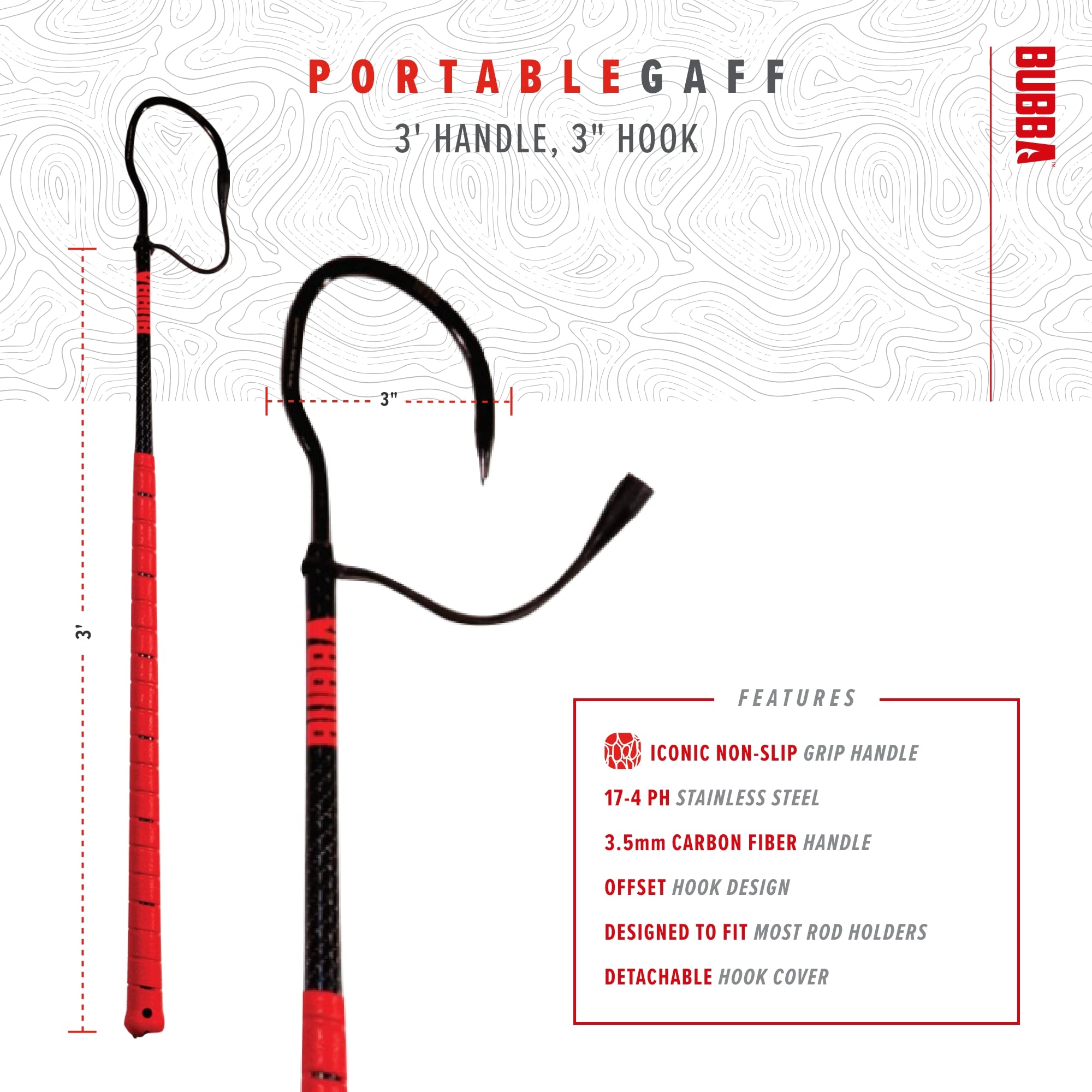 BUBBA Portable Fishing Gaff with Stainless Steel Offset Hook - Non-Slip Grip Handle & Carbon Fiber Shaft - Ideal for Saltwater Fishing, Deep Sea Boating and Outdoor Adventures
