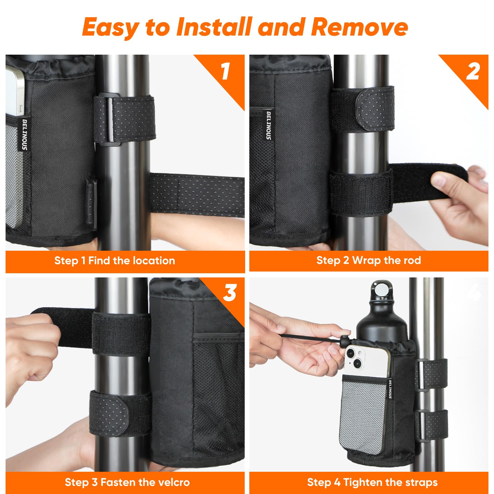 Belinous Universal Bike Cup Holder - Adjustable Water Bottle Holder for 8-24oz Bottles | Compatible with Bicycles, Scooters, Wheelchairs, UTVs, Golf Carts & Boats | Includes Net Pockets & Hook-and-Loop Straps | Perfect for Cycling, Outdoor Adventures & Daily Commutes