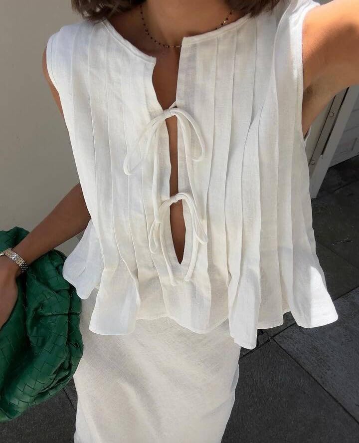 Women's Linen Tank Top with Bow Tie Front & Peplum Hem - Coquette Sleeveless Y2K Babydoll Blouse - Summer Ruffle Shirt for Casual Outings, Beach Wear & Date Nights