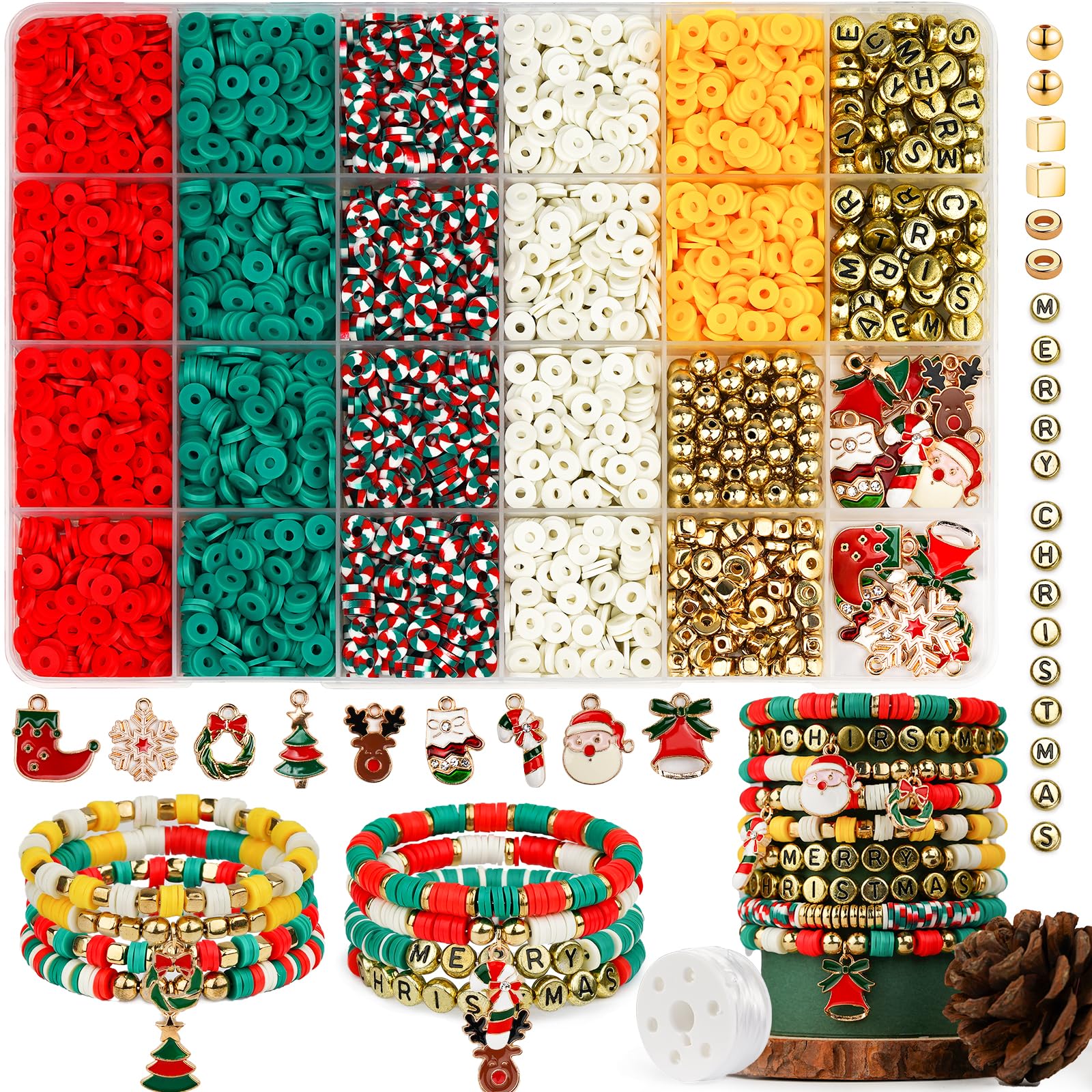 Gionlion Christmas Clay Beads Bracelet Making Kit - Golden Beads & Charms for DIY Jewelry, Christmas Crafts & Decorations - Perfect Holiday Gift for Teen Girls Ages 6-12 (Great for Christmas Parties, Stocking Stuffers & Craft Projects)
