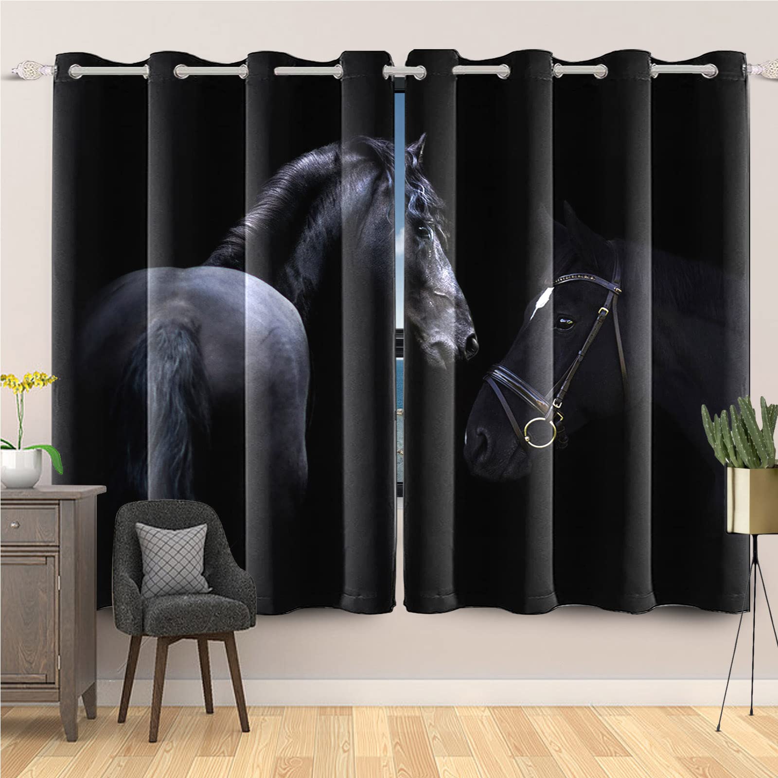 Yeele Wild Horse Mustang Animal Print Blackout Curtains Set of 2 - 53x96 Inch Thermal Insulated Polyester Grommet Panels for Living Room & Bedroom | Western Decor, Ranch Style Window Treatments for Home & Cabin