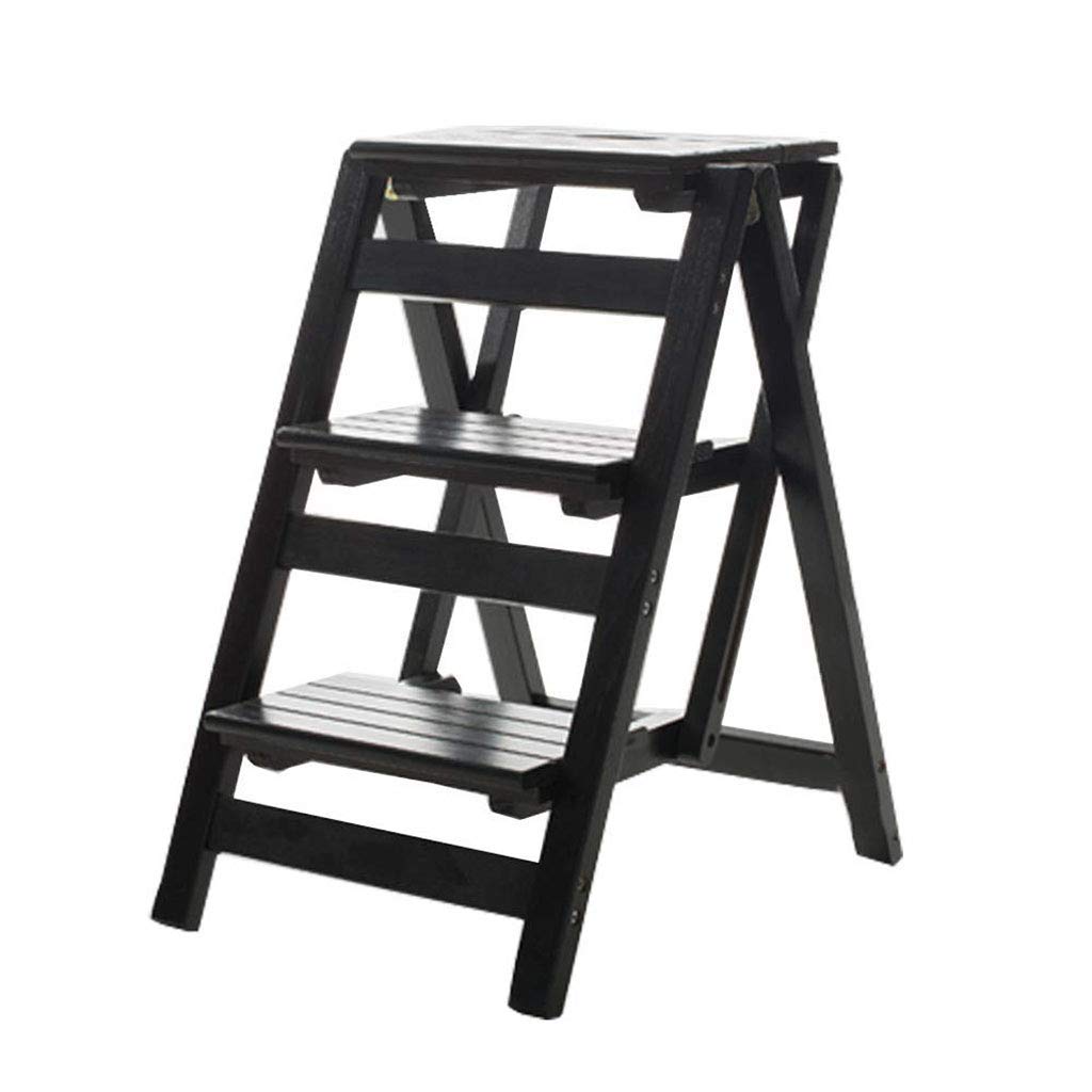 NEVKA Natural Wood Folding Step Stool with Ladder - 3 Step Portable Stool Chair, Bookshelf, and Home Ladder - 150kg Weight Capacity (Black) - Perfect for Home, Office, and Library Use