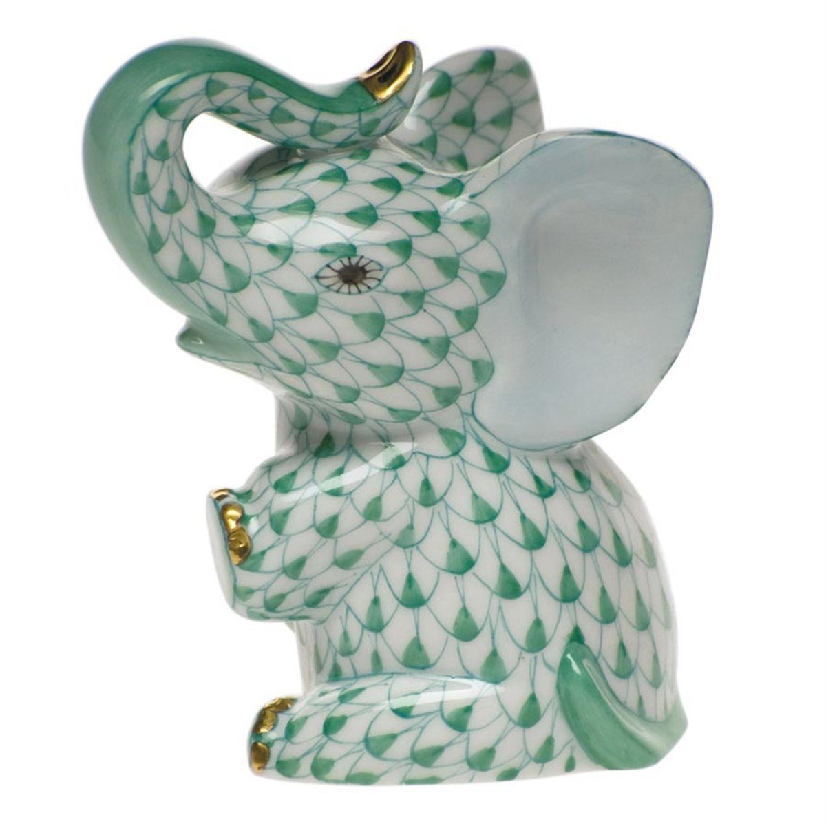 Herend Porcelain Baby Elephant Figurine - Hand-Painted Green Fishnet Design - Collectible Home Decor for Living Room, Shelf & Gift Giving