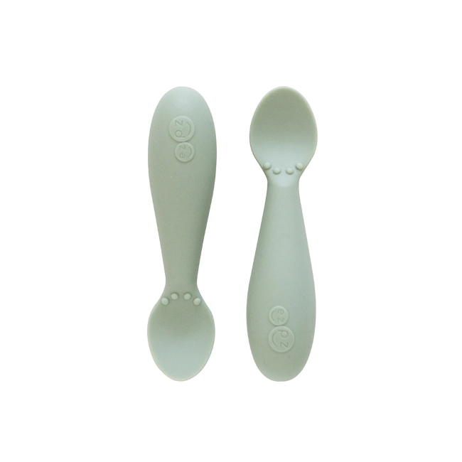 ezpz Tiny Spoon 2-Pack - Sage Green Baby Feeding Utensils for Infants & Toddlers | Perfect for First Foods, Baby-Led Weaning & On-the-Go Meals
