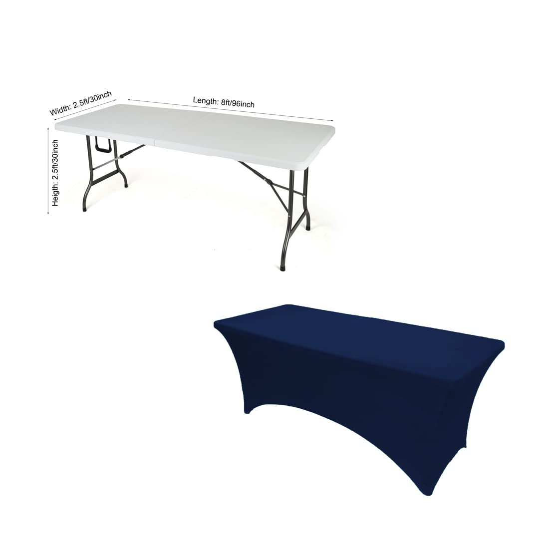 8ft Navy Blue Stretch Spandex Tablecloth - Washable Rectangular Fitted Table Cover for Folding Tables | Perfect for Weddings, Parties, and Events