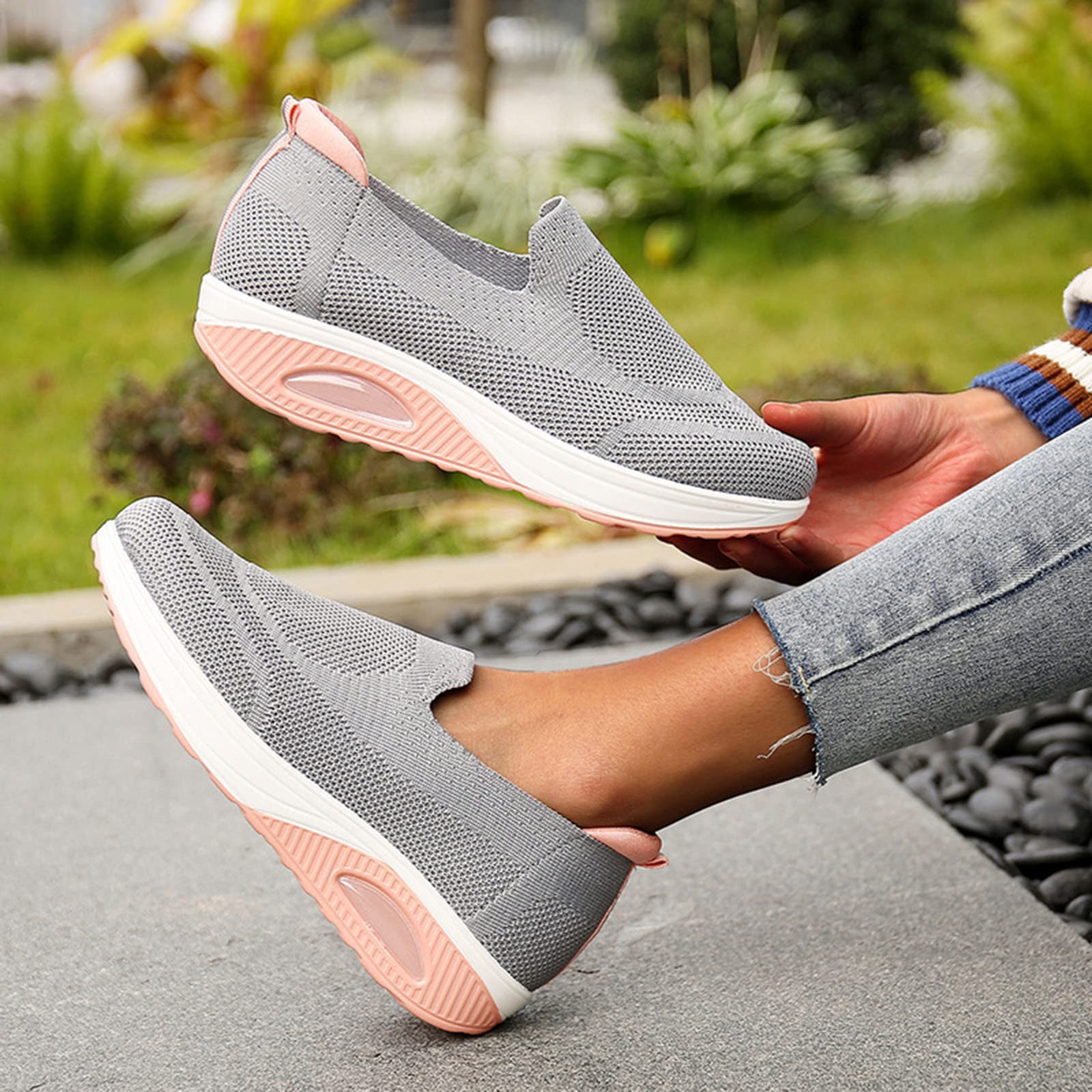 Women's Slip-On Wedge Sneakers - Wide Width Walking Shoes with Mesh Air Cushion & Knitted Upper | Comfortable Platform Shoes for Nurses, Casual Running & Everyday Wear