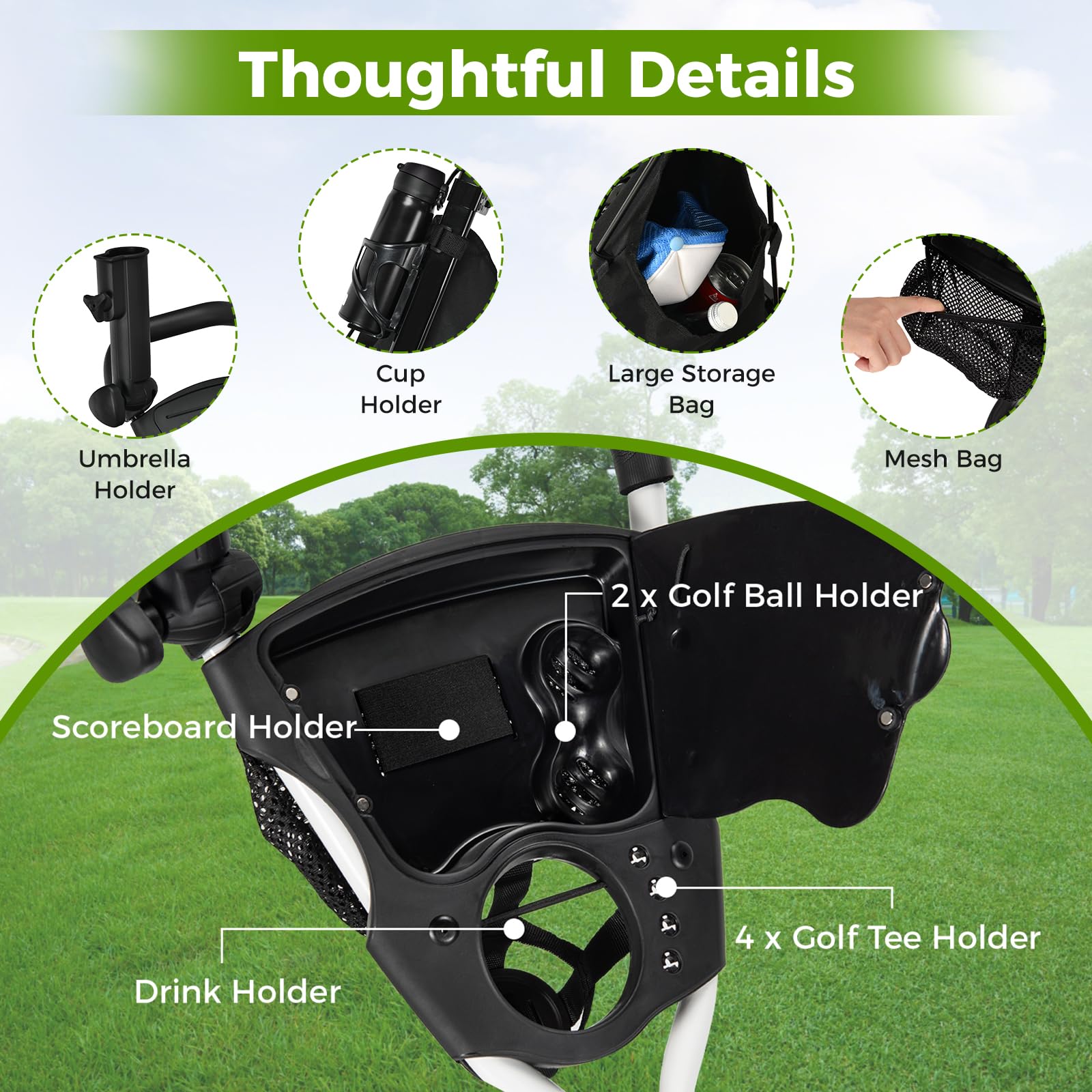 ULTIMATE 3 Wheel Golf Push Pull Cart - Foldable Lightweight Golf Bag Trolley with Adjustable Seat & Handle | Scorecard Holder, Umbrella Holder, Cup Holder, Storage Bag & Foot Brake | Perfect for Golf Course, Driving Range & Outdoor Practice