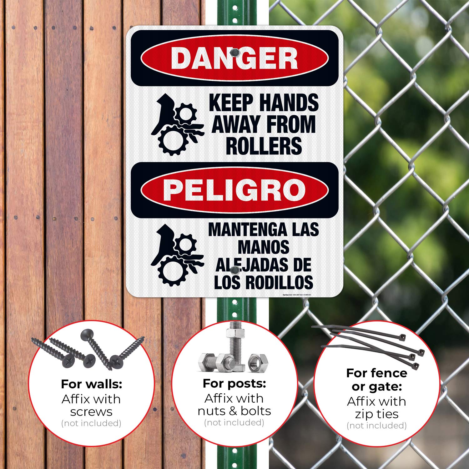 OSHA Danger Bilingual Sign - Keep Hands Away from Rollers | 24x30 Inches | 3M EGP Reflective .080 Aluminum | Fade Resistant | Indoor/Outdoor Safety Sign | Made in USA | Perfect for Factories, Warehouses & Construction Sites