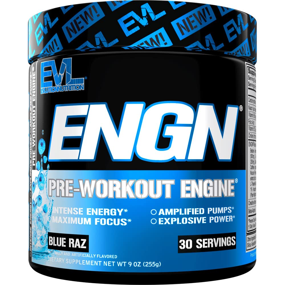 EVL Intense Pre Workout Powder with Creatine - Energy & Focus Booster for Men - Beta Alanine, Caffeine & L-Theanine Formula - Blue Raspberry Flavor - Ideal for Gym, Weightlifting & Endurance Training