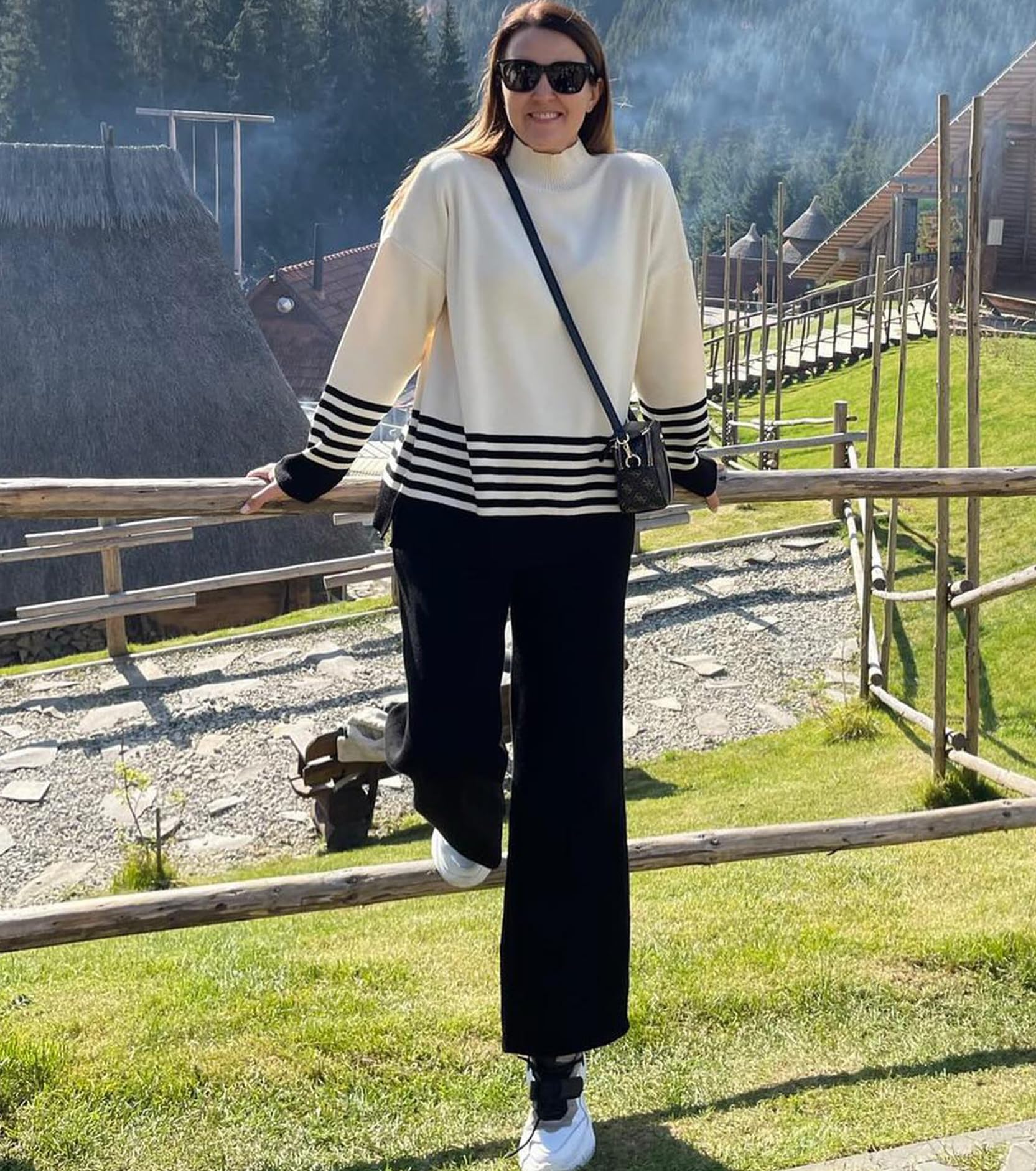 Women's Casual 2-Piece Sweater Set - Long Sleeve Striped Pullover & Wide Leg Pants Lounge Outfit | Soft Comfortable Matching Sets for Home, Office & Weekend Wear