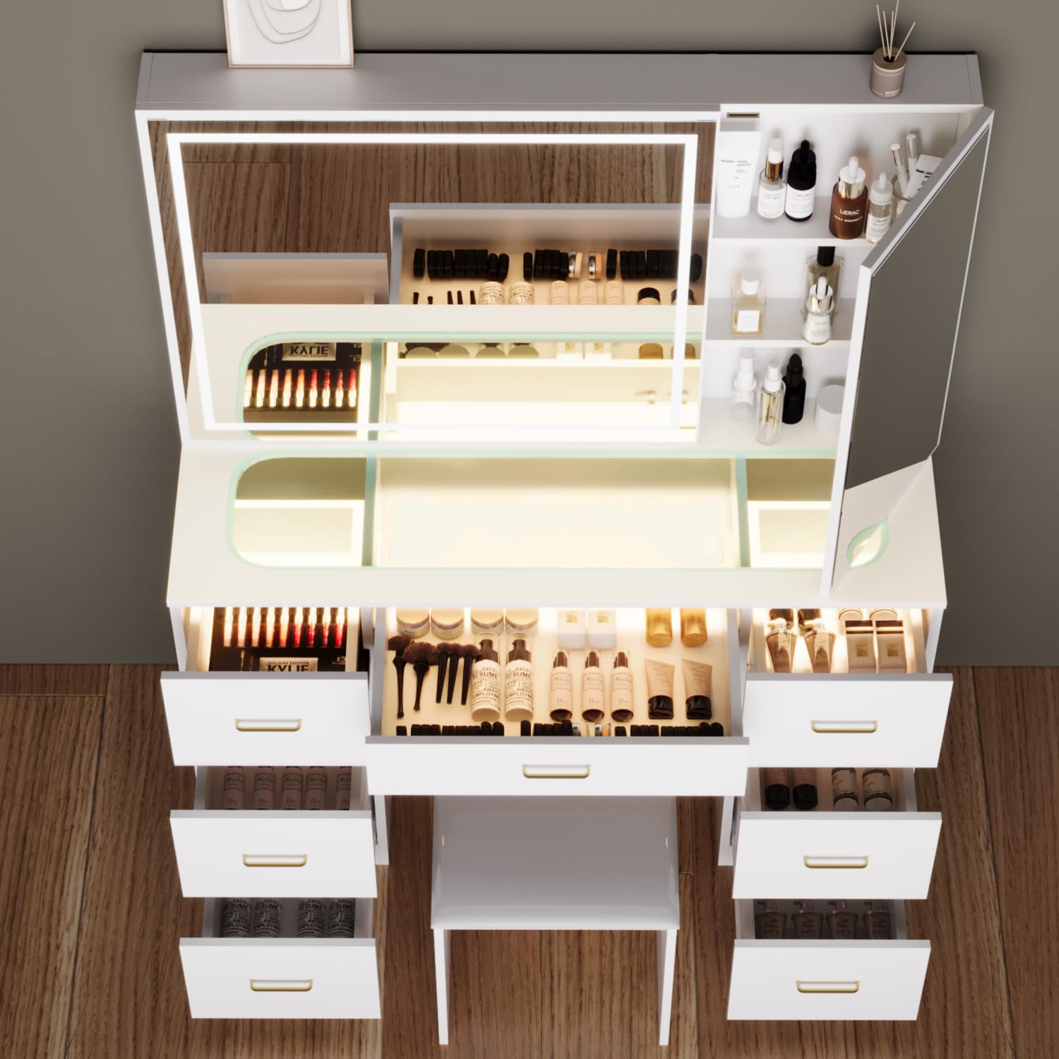 Modern White Glass Top Vanity Desk with 7 Drawers, Adjustable LED Mirror & Stool - Clear Dressing Table for Bedroom Makeup & Skincare Routine