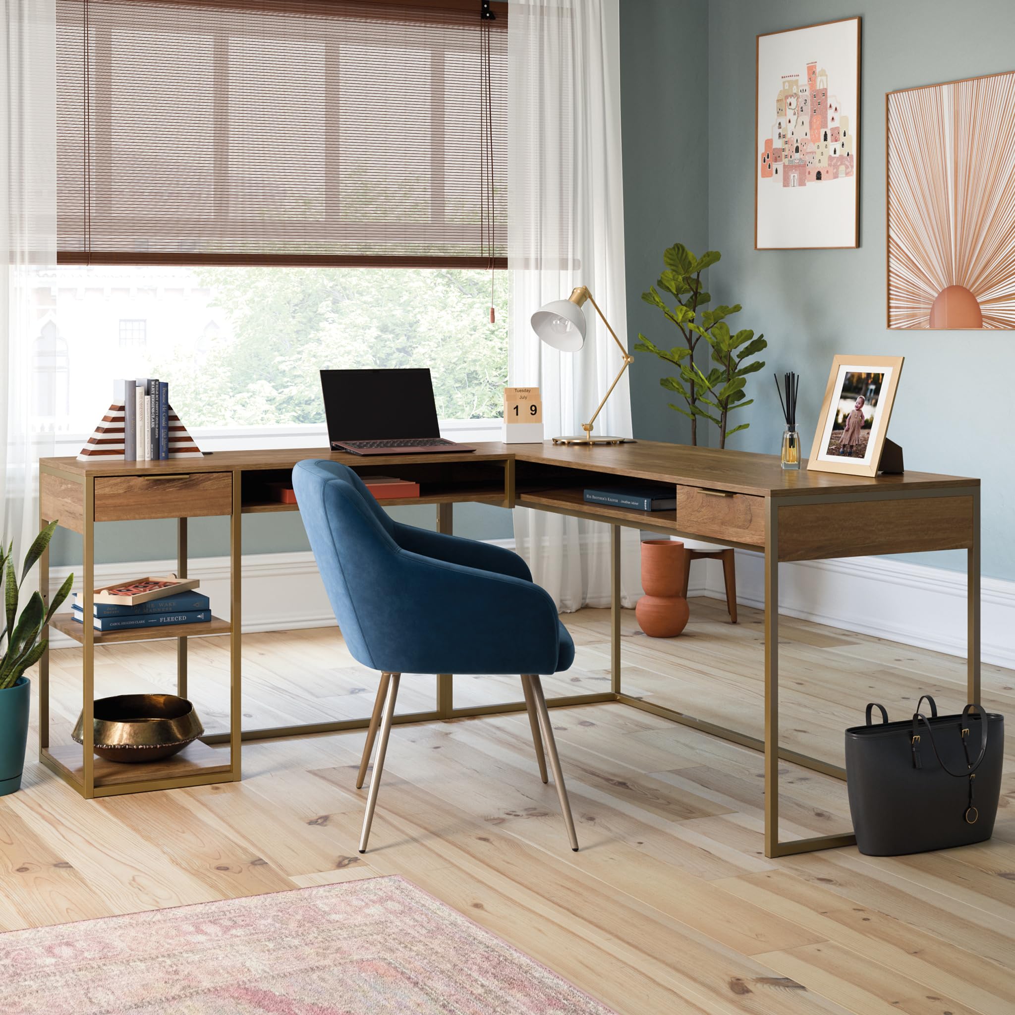 Sauder International Lux L-Shaped Desk with Sindoori Mango Finish - Modern Home Office Workstation for Small Spaces, Gaming & Study