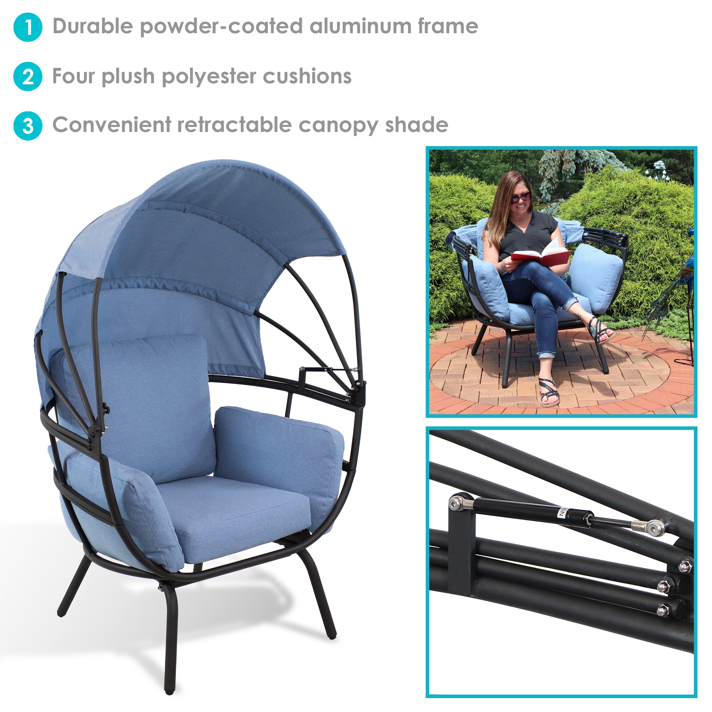 Sunnydaze Modern Luxury Patio Egg Chair with Canopy - Hanging Egg Swing Chair for Outdoor Garden, Balcony, Backyard & Poolside Relaxation