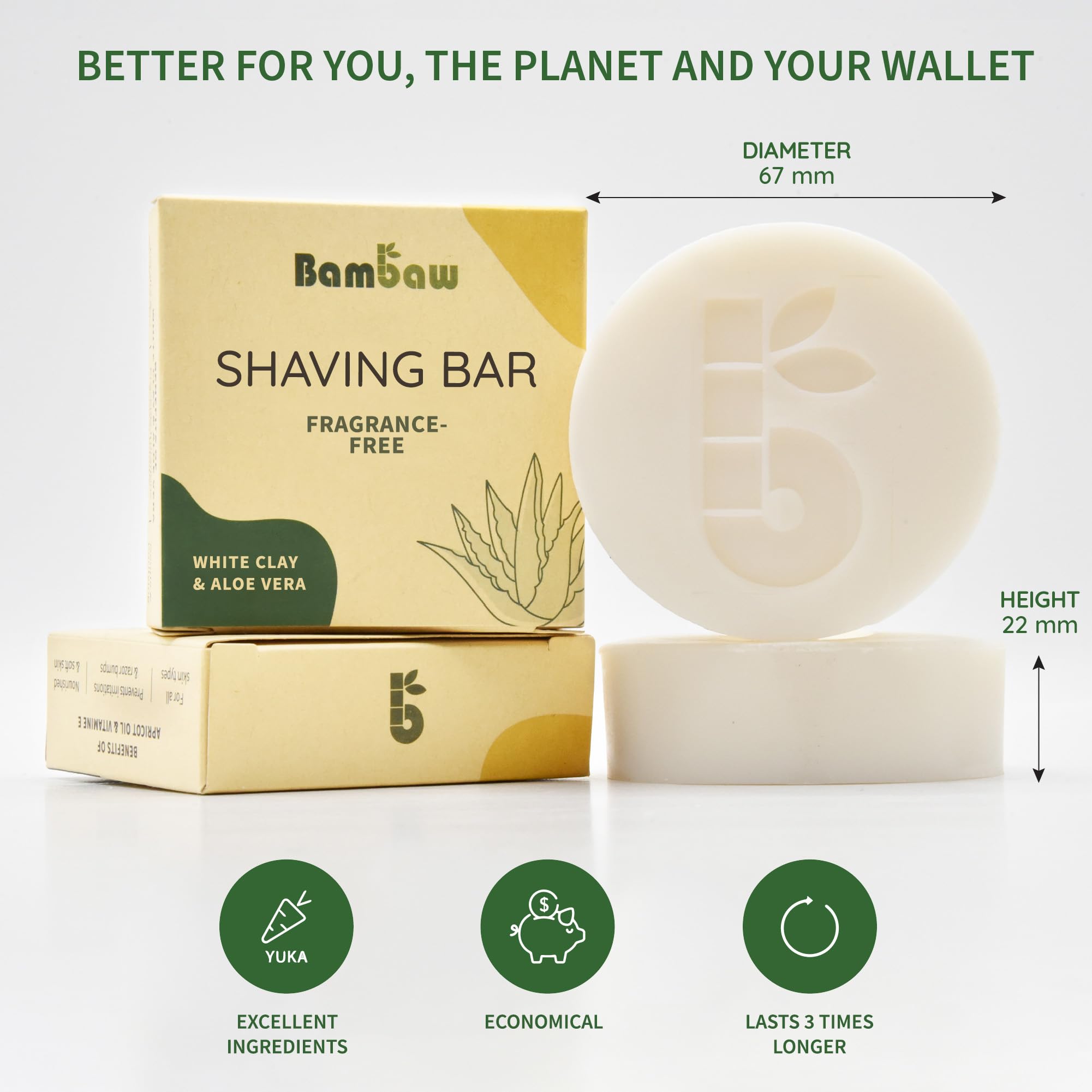 Bambaw Organic Shaving Soap Bar for Sensitive Skin - 2.8 oz Unscented Vegan Shave Puck with White Clay & Aloe Vera - Perfect for Travel, Camping & Eco-Friendly Grooming Routine