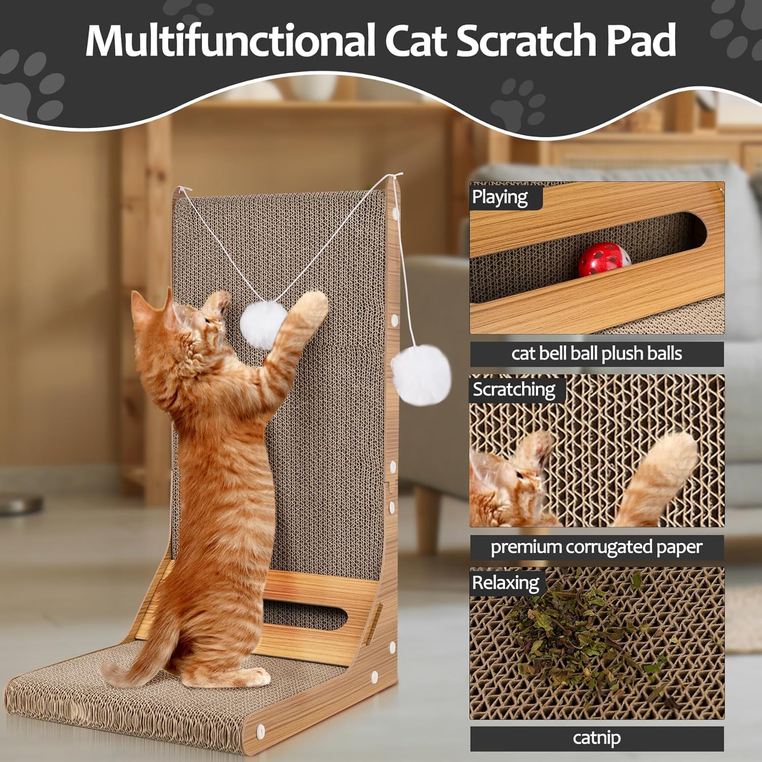 L-Shaped Cat Scratcher for Indoor Cats - Vertical Scratching Pad with 3 Ball Toys, Furniture Protector, Large Cardboard Cat Scratcher - Perfect for Playtime & Sofa Protection
