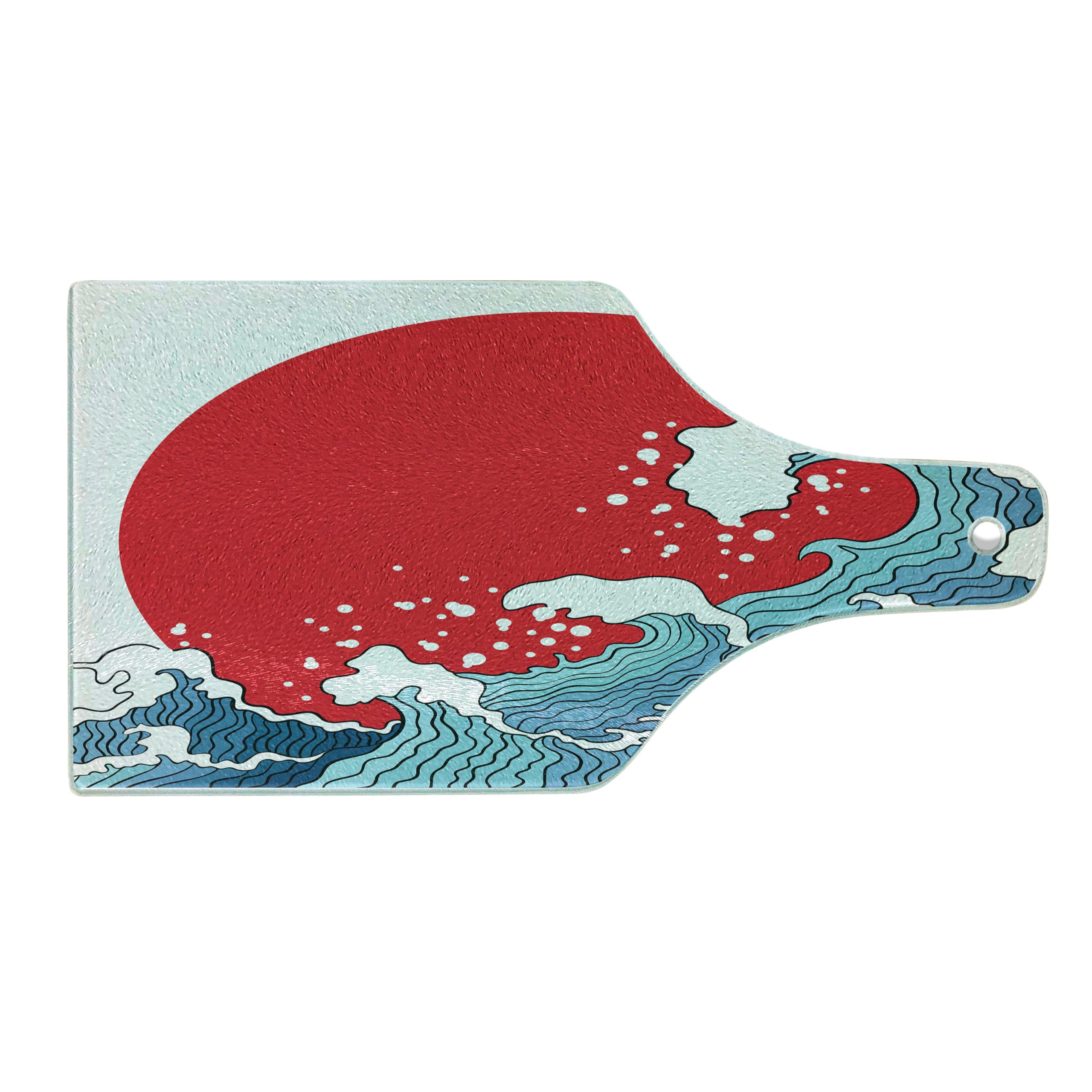 Ambesonne Japanese Wave Tempered Glass Cutting Board - Red Sun Tropical Nautical Design, Wine Bottle Shape Serving Board for Kitchen & Entertaining - Perfect for Sushi Presentation, Charcuterie, and Wine Pairing