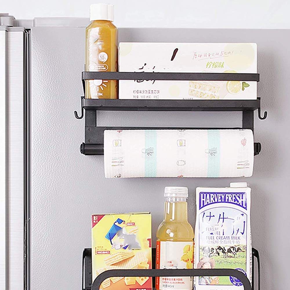 2-Tier Magnetic Fridge Organizer with Spice Rack, Paper Towel Holder & 2 Extra Hooks - Space-Saving Refrigerator Shelf for Kitchen, Pantry & Small Apartment Organization