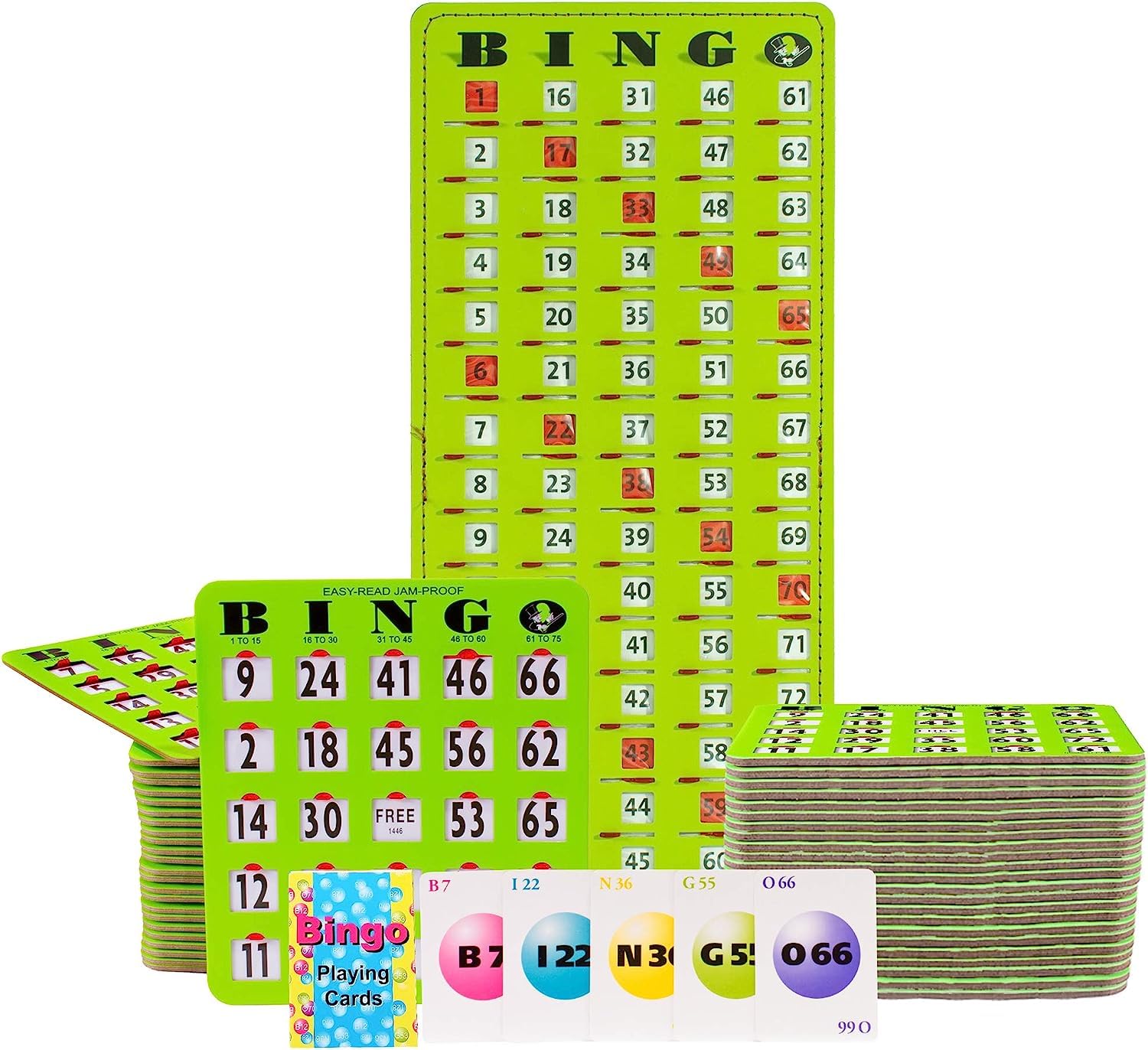 MR CHIPS Jam-Proof Bingo Cards with Sliding Windows - 50 Reusable Shutter Cards, 75 Calling Cards & 1 Master Board (Green) - Perfect for Family Game Nights, Bingo Parties & Classroom Activities