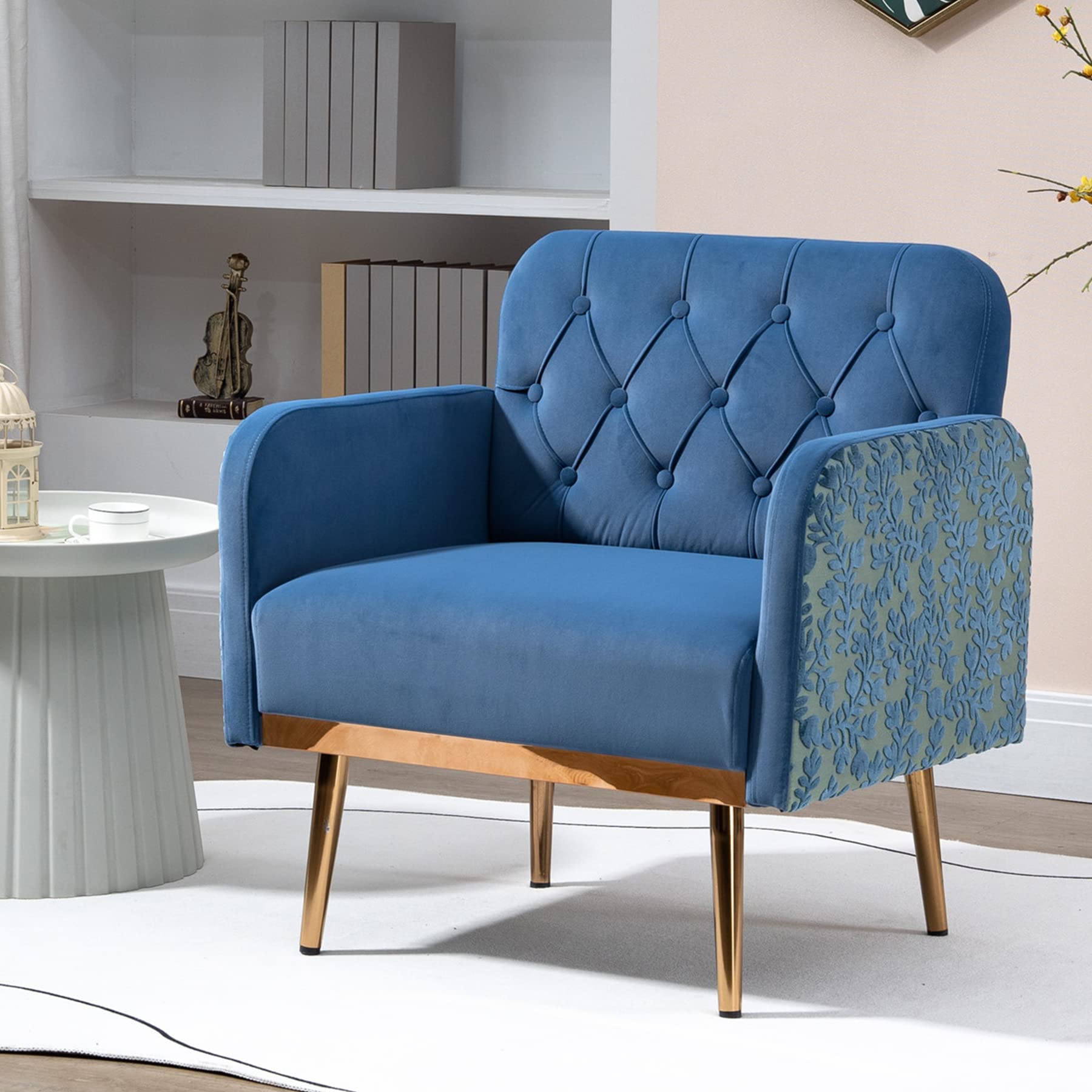 HUAYICUN Modern Accent Chair for Living Room & Bedroom - Comfortable Single Sofa Chair with Sturdy Frame - Perfect Small Space Chair for Home, Office, Reading Nook - Blue Velvet Upholstery (Ideal for Relaxing, Working & Decorating Small Apartments)