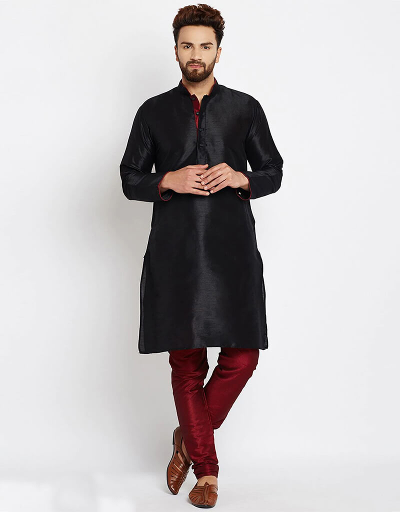 Premium Black Kurta with Dhupion Silk Pajama Set for Men - Traditional Indian Ethnic Wear for Weddings, Festivals & Special Occasions