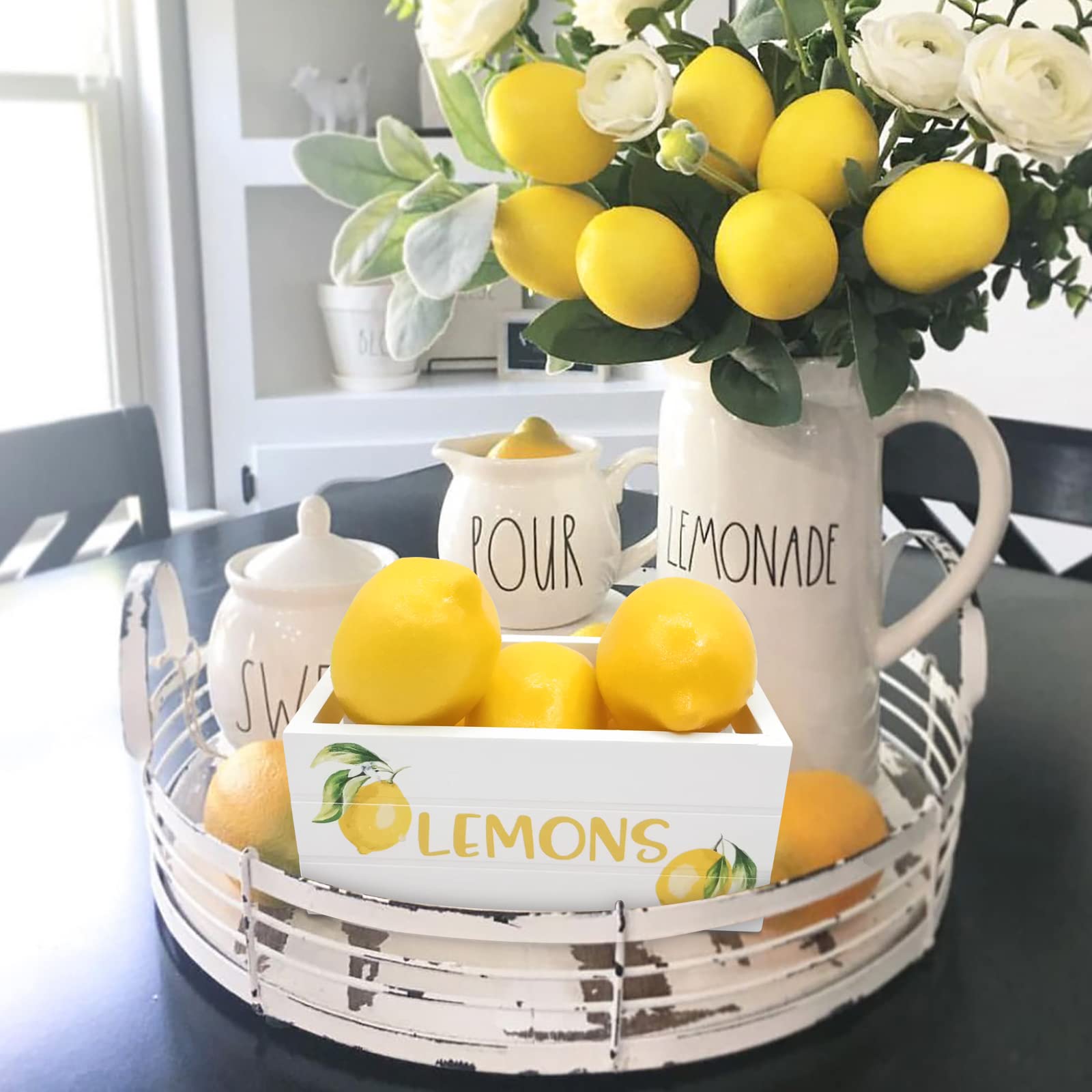 Laisgee Mini Wooden Lemon Crate - Farmhouse Summer Tiered Tray Decor with 5 Faux Lemons for Kitchen, Dining Table, and Patio Decorations | Perfect for Lemonade Stands, Summer Parties & Rustic Home Decor