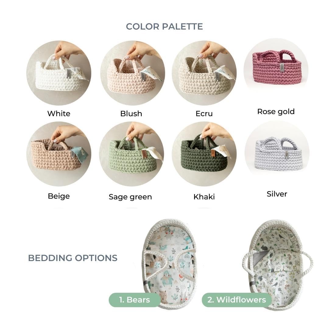 Boho Doll Crib with Rocking Stand - White Doll Bassinet with Bedding Set | Baby Doll Cradle for Pretend Play | Perfect Birthday Gift for Girls | Nursery Decor & Imaginative Play Scenes