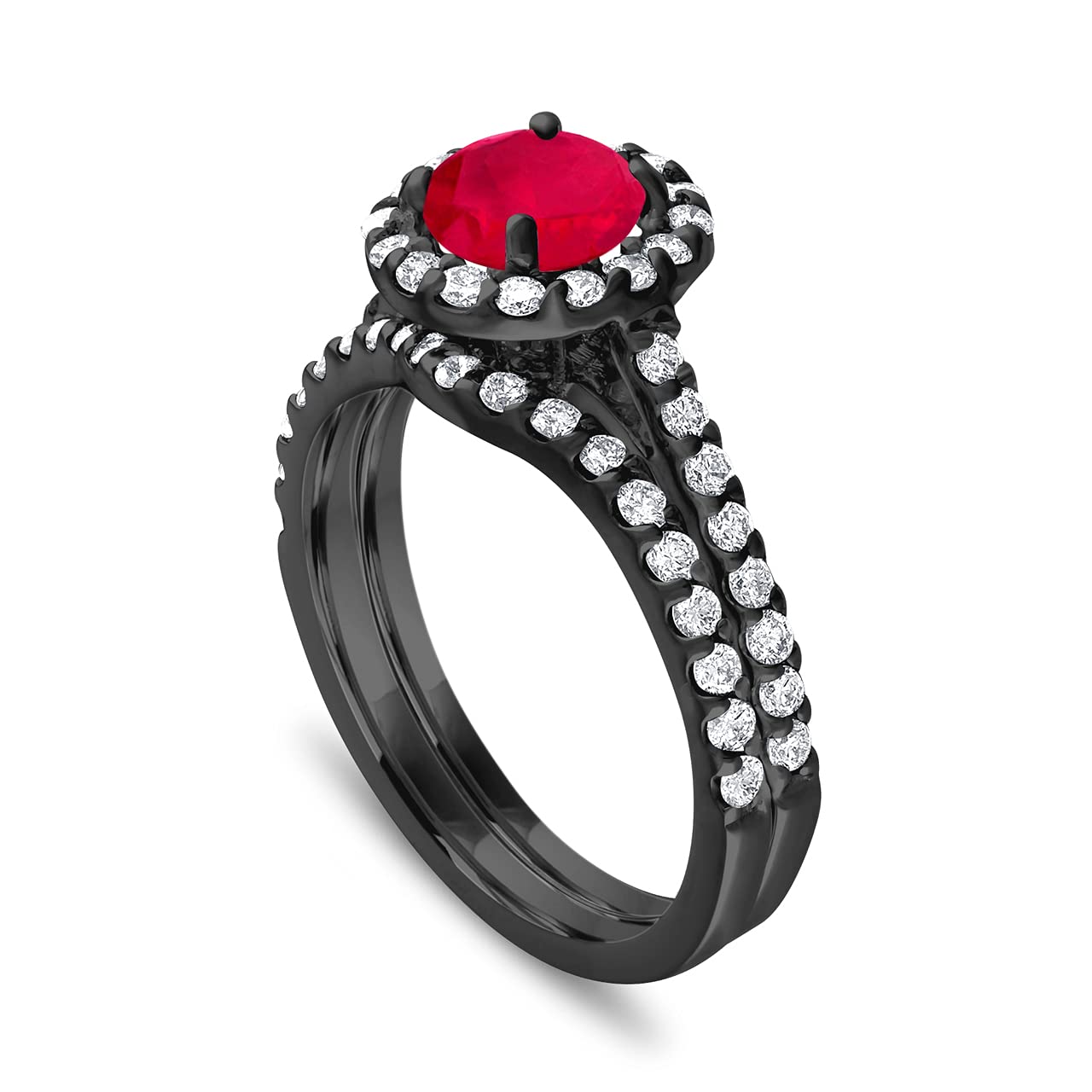 14K Black Gold Plated Ruby Wedding Ring Set for Women - Purple Star Bridal Engagement & Wedding Band Pair - Perfect for Proposals, Anniversaries and Romantic Occasions