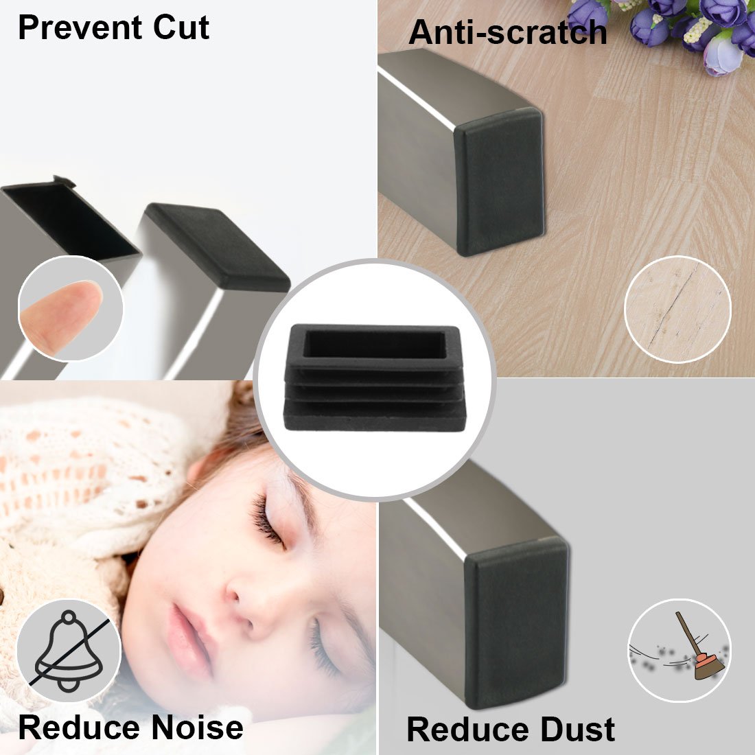 8Pcs 20mm x 40mm Plastic Rectangle Ribbed Tube Inserts End Caps - Furniture Chair Table Desk Feet Protectors for Floor Protection & Noise Reduction - Perfect for Home Office, Classroom, and Restaurant Furniture