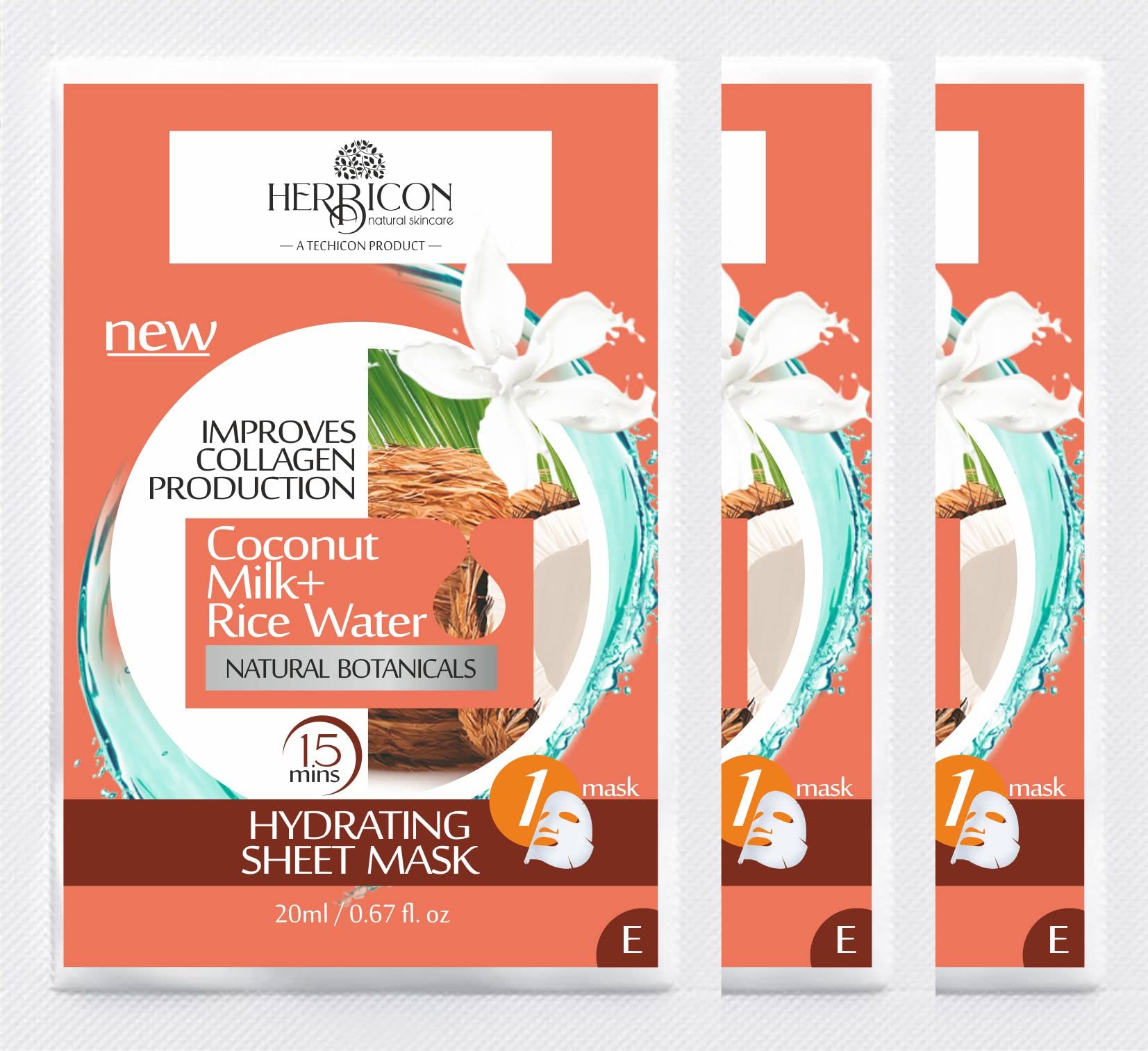 Herbicon Rice Water & Coconut Milk Face Sheet Mask - Deep Hydration & Brightening - 20g (3 Pack) | Korean Skincare for Dry & Dull Skin - Perfect for Night Routine & Spa Days