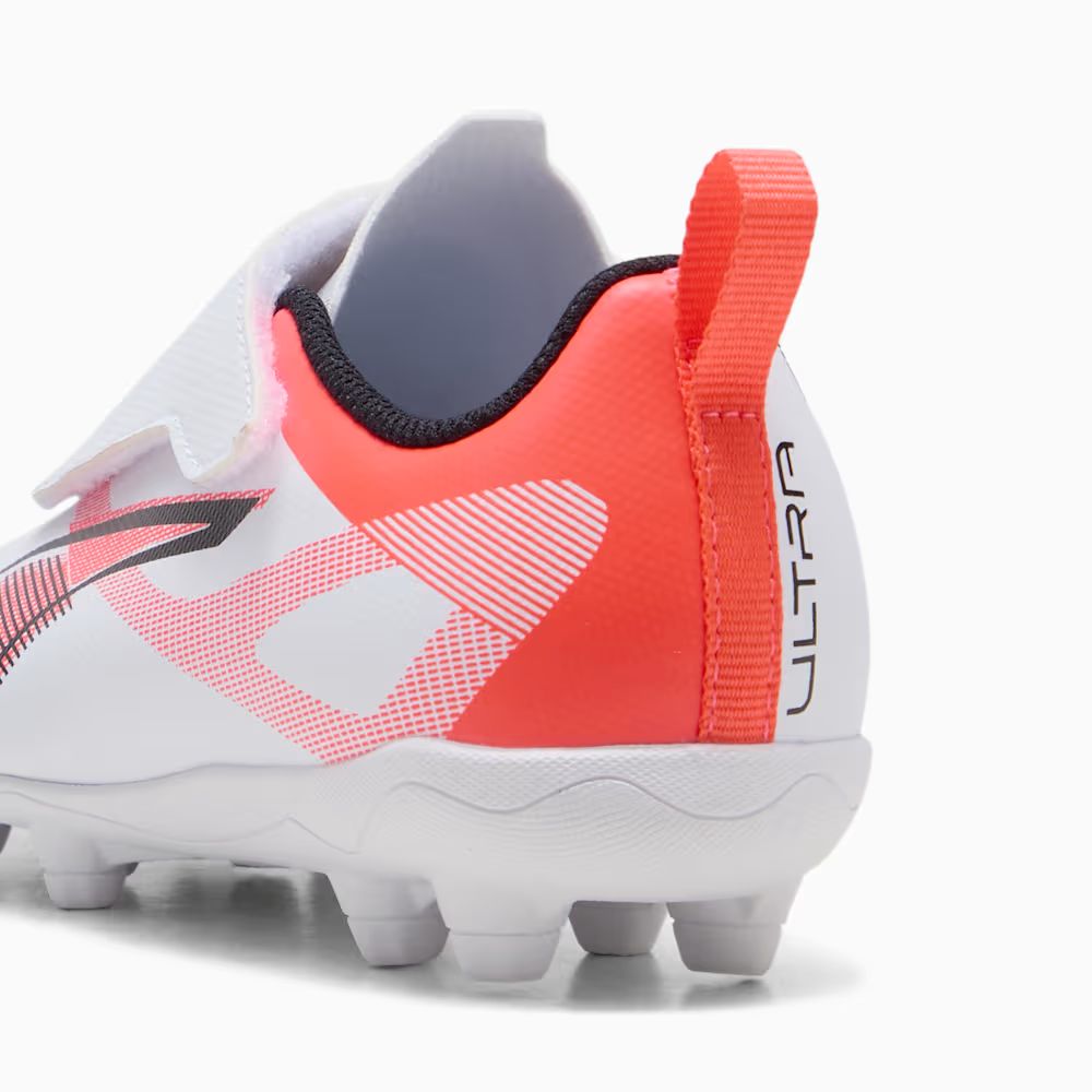 Puma Ultra 5 Play Velcro FG/AG Junior Football Boots for Kids - White/Black/Glowing Red - Lightweight Soccer Cleats for Youth Training & Matches on Firm Ground & Artificial Turf