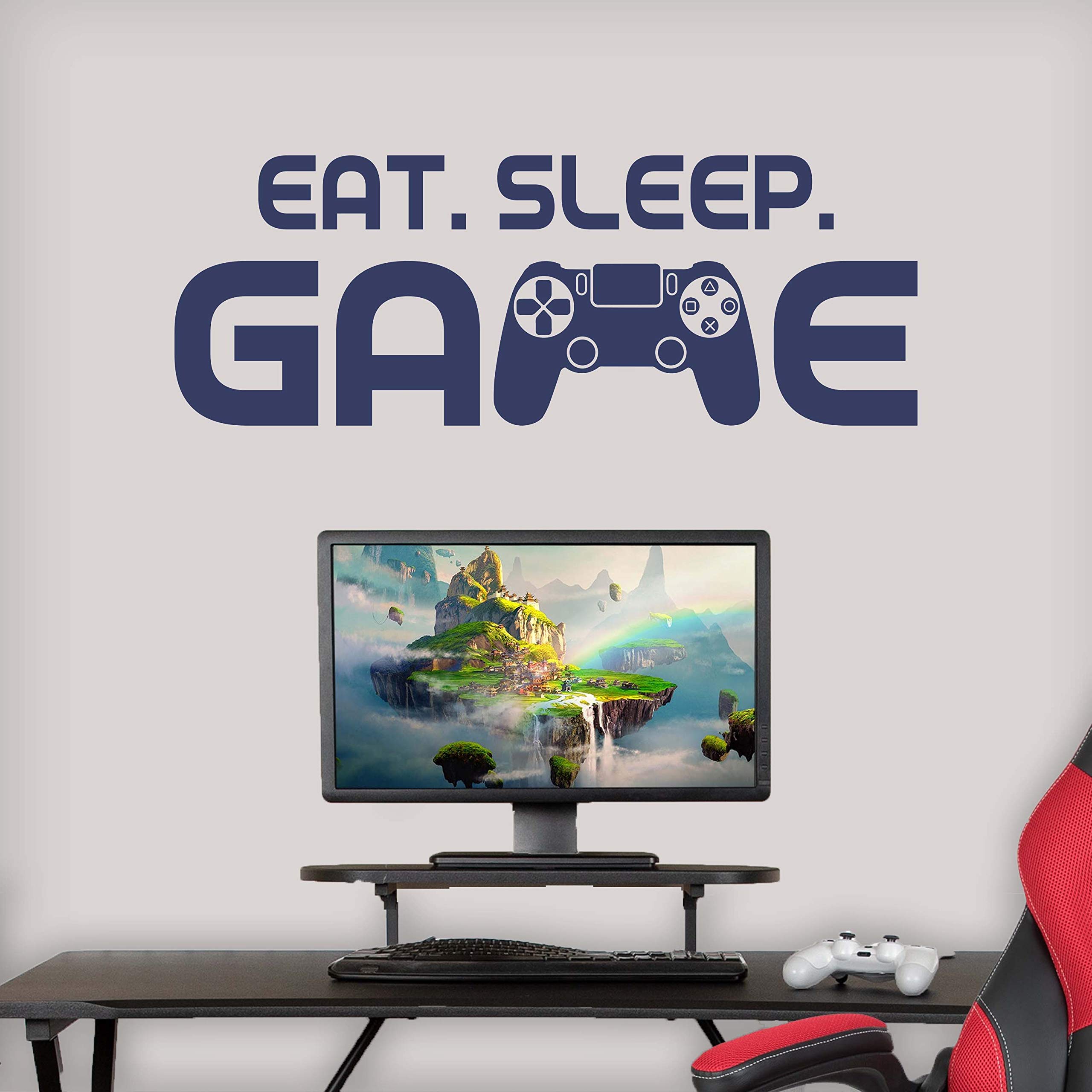 Vinyl Quote 'Eat Sleep Game' Wall Decal Stickers - Boys Gaming Room Decor & Video Game Wall Art (22x8 Inches, Dark Blue) - Perfect for Gamer Bedroom, Man Cave & Esports Themed Spaces