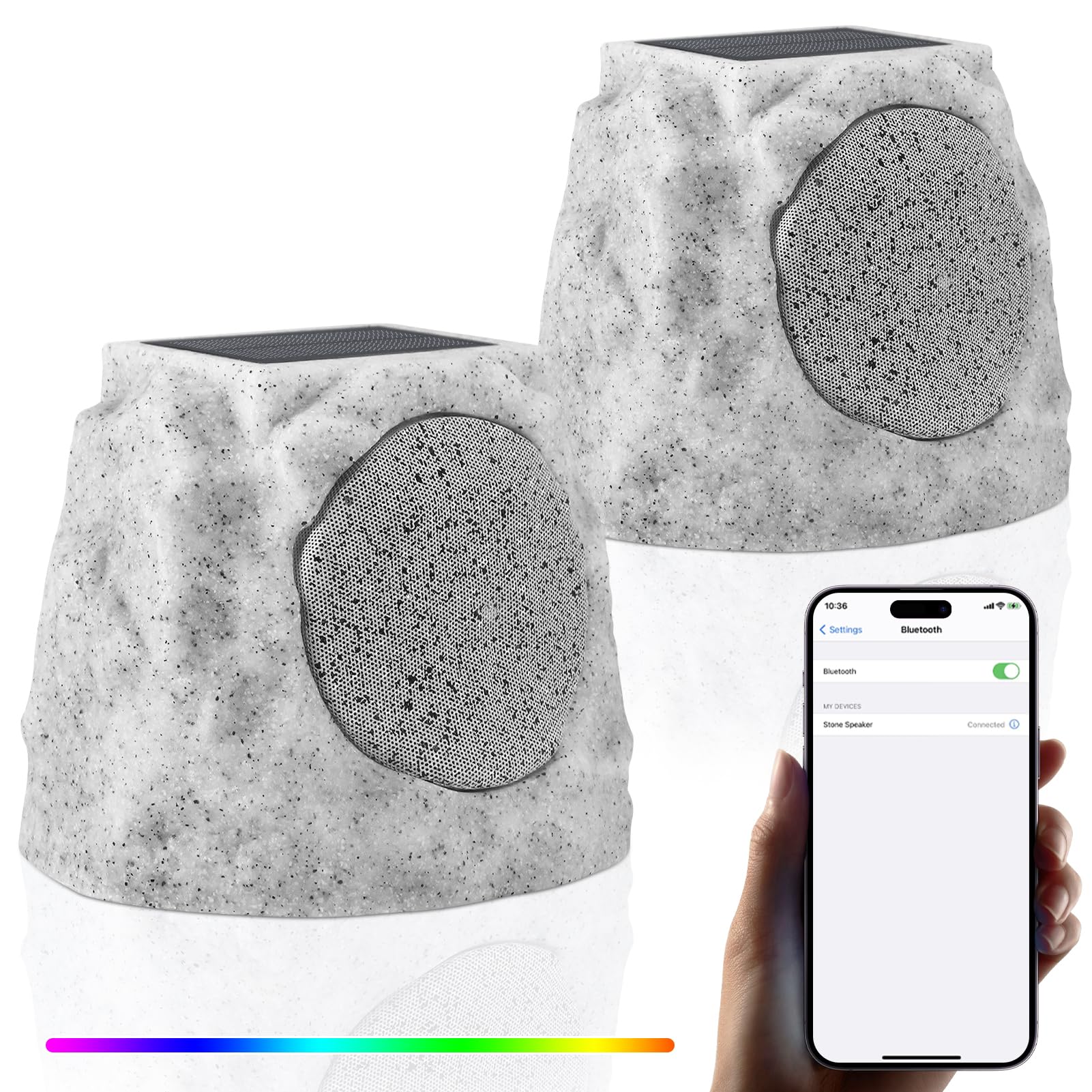 Outdoor Rock Speakers 2 Pack - Solar Powered, Waterproof, Wireless Bluetooth Portable Speakers with RGB Lights for Patio, Pool, Deck, Yard & Garden - Perfect for Outdoor Parties, BBQs & Backyard Entertainment