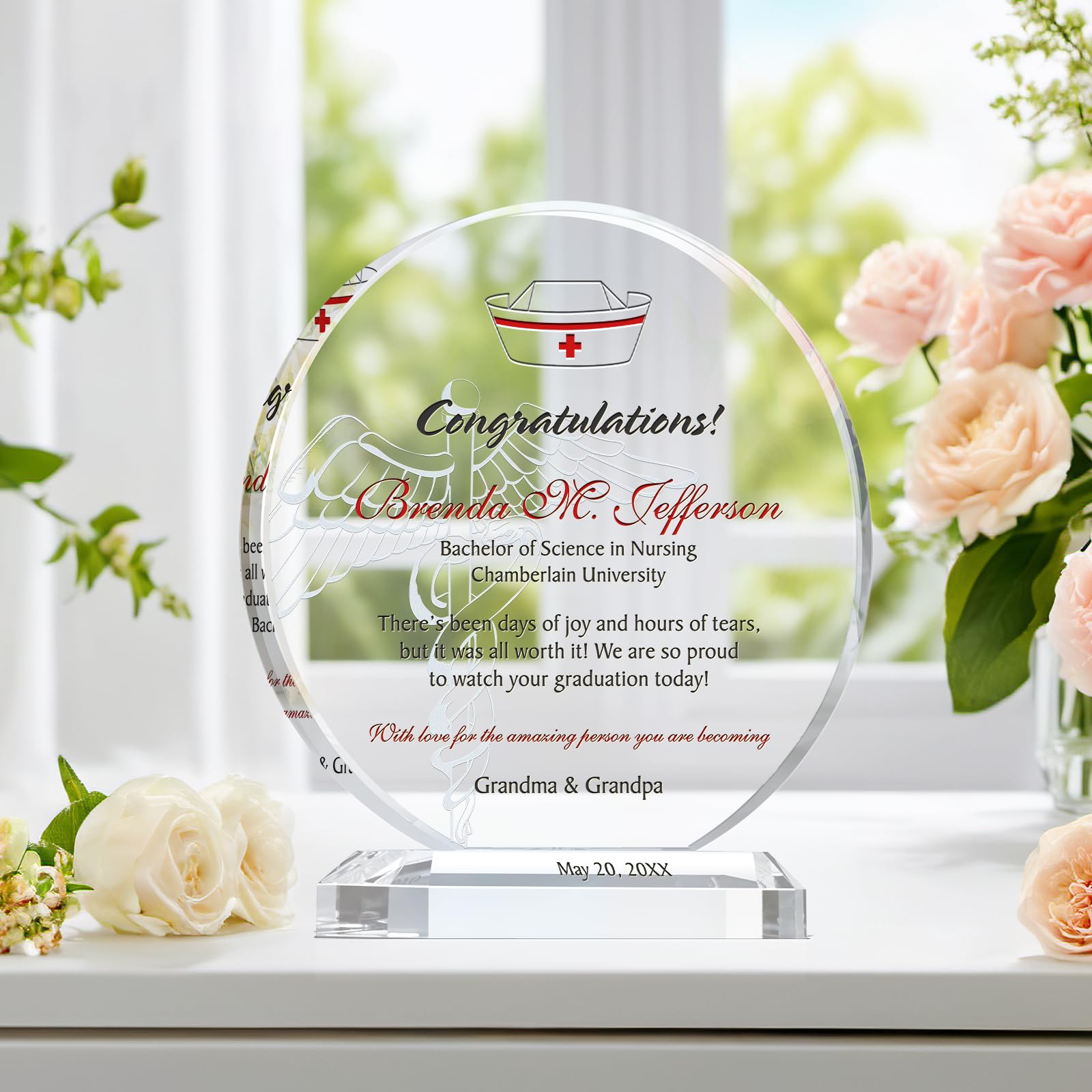 Personalized Crystal Nursing School Graduation Gift for Her - Custom Engraved with Name, School, Degree & Date - Unique Nurse Graduation Keepsake for Daughter, Granddaughter (8