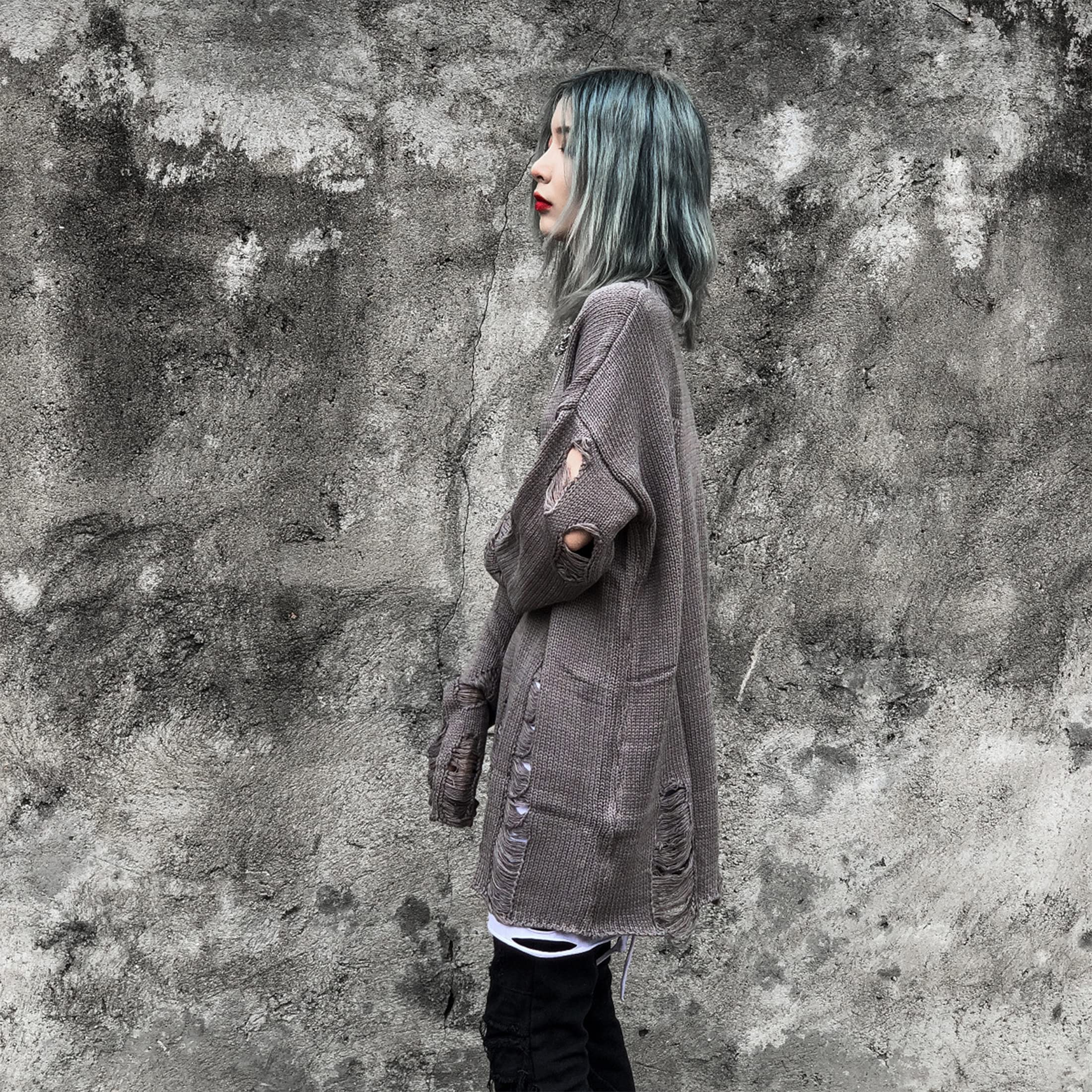 Gothic Punk Sweater for Women - Oversized Loose Knit Pullover with Ripped Striped Design | Alternative Fashion, Grunge Style, Casual Winter Wear