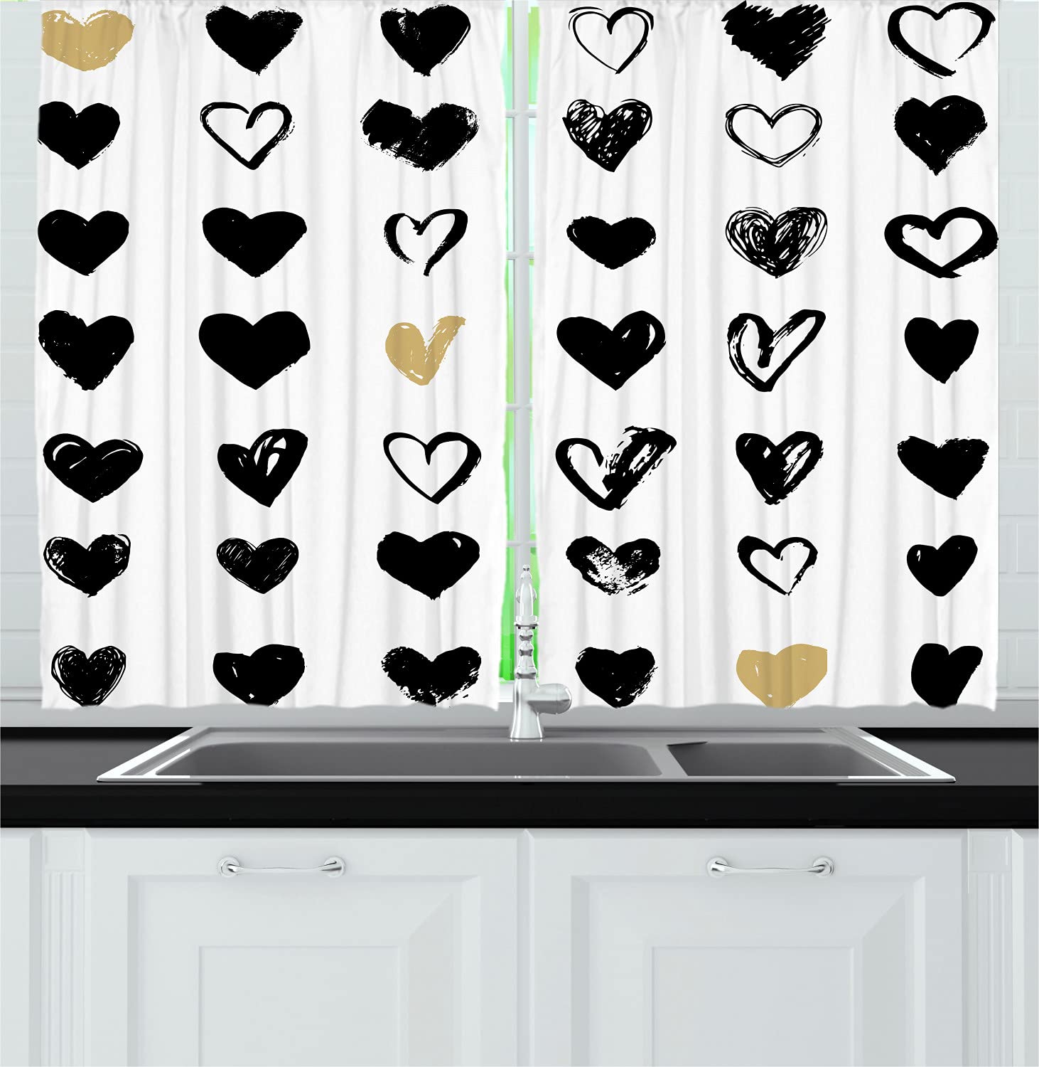 Ambesonne Love Long Kitchen Curtains - Romantic Heart Design for Couples, 55