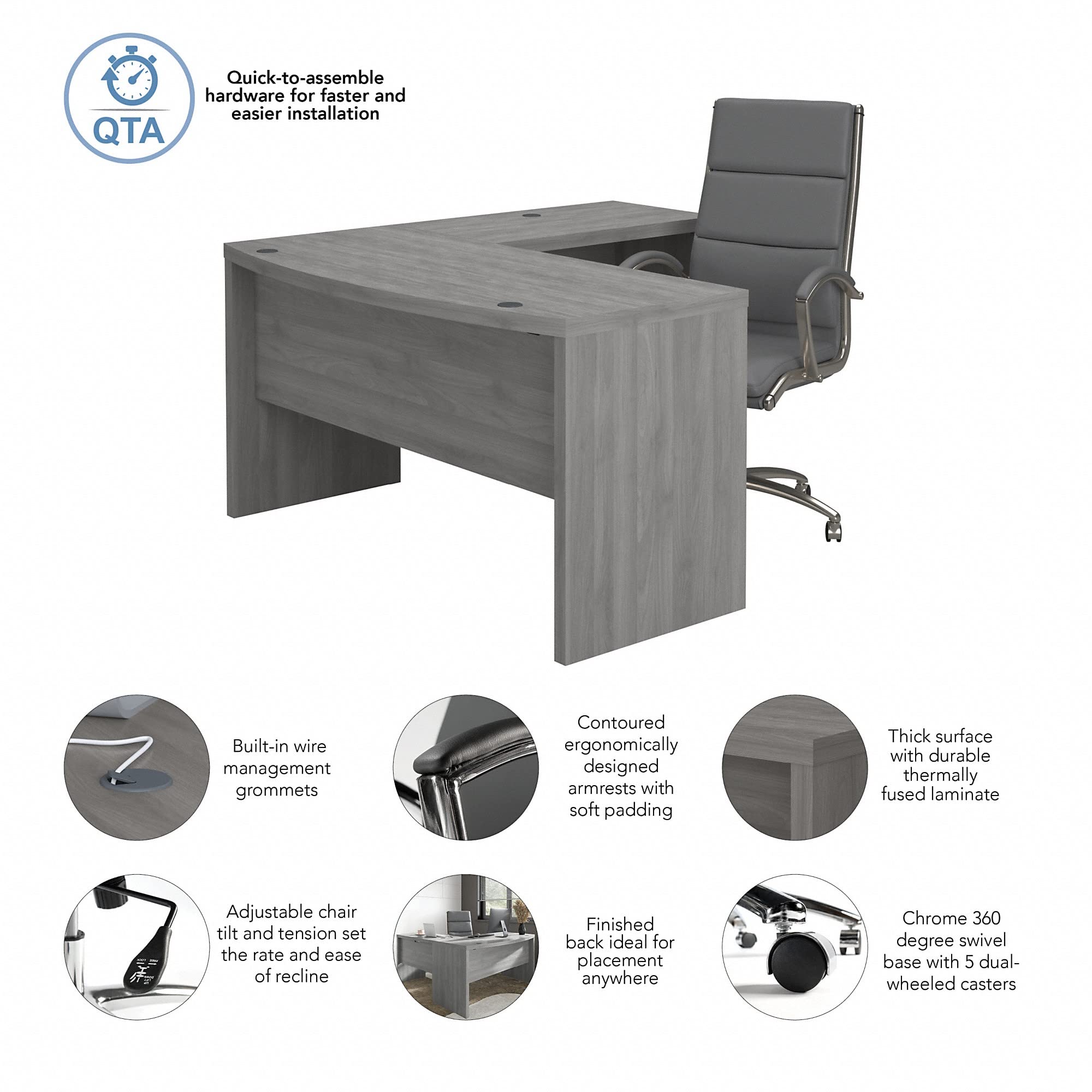 Bush Business Furniture Echo L-Shaped Bow Front Desk with High Back Executive Chair - Modern Gray Home Office Desk for Professionals & Remote Work
