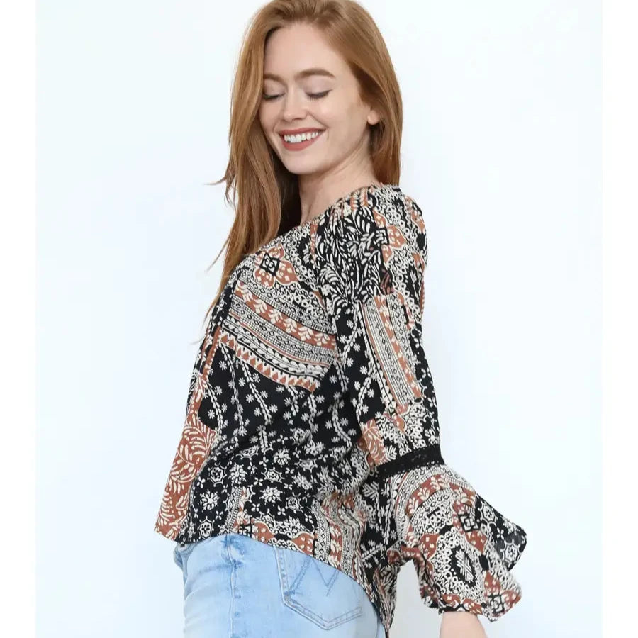 Elegant Black Scoop Neck Long Sleeve Blouse with Ruffles - Perfect for Office Wear, Date Nights & Special Occasions