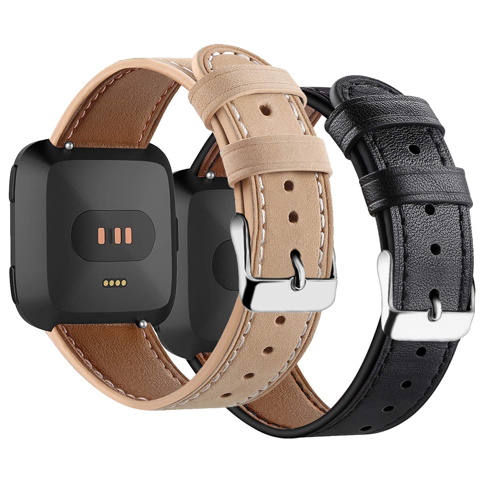 2 Pack Genuine Leather Replacement Bands for Fitbit Versa 2/Versa/Versa SE/Versa Lite - Soft Adjustable Smart Watch Straps for Women & Men - Perfect for Workouts, Office & Everyday Wear