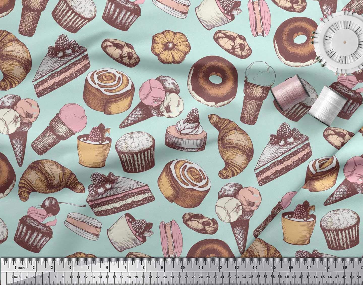 Soimoi 100% Cotton Poplin Fabric by The Yard - 42 Inch Wide - Green Cupcake, Donut & Cookies Food Print - Whimsical Printed Fabric for Quilting, Dressmaking, DIY Crafts & Home Decor Projects