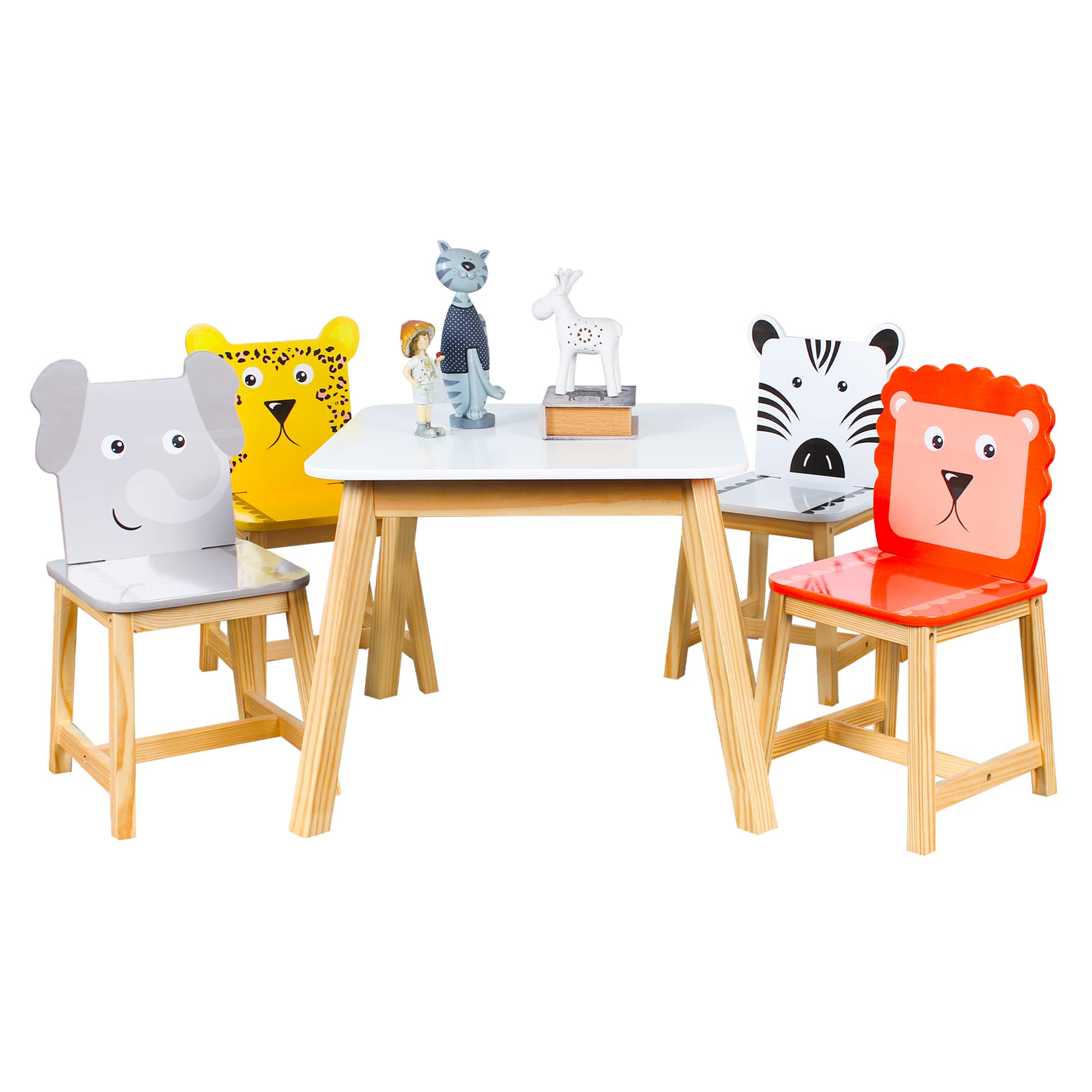5-Piece Wooden Kids Table and Chair Set - Toddler Furniture for Arts & Crafts, Homework, Snack Time - Preschool Learning & Play - Perfect Gift for Boys & Girls (Cartoon Animal Design) - Ideal for Daycare, Playroom, and Home Use